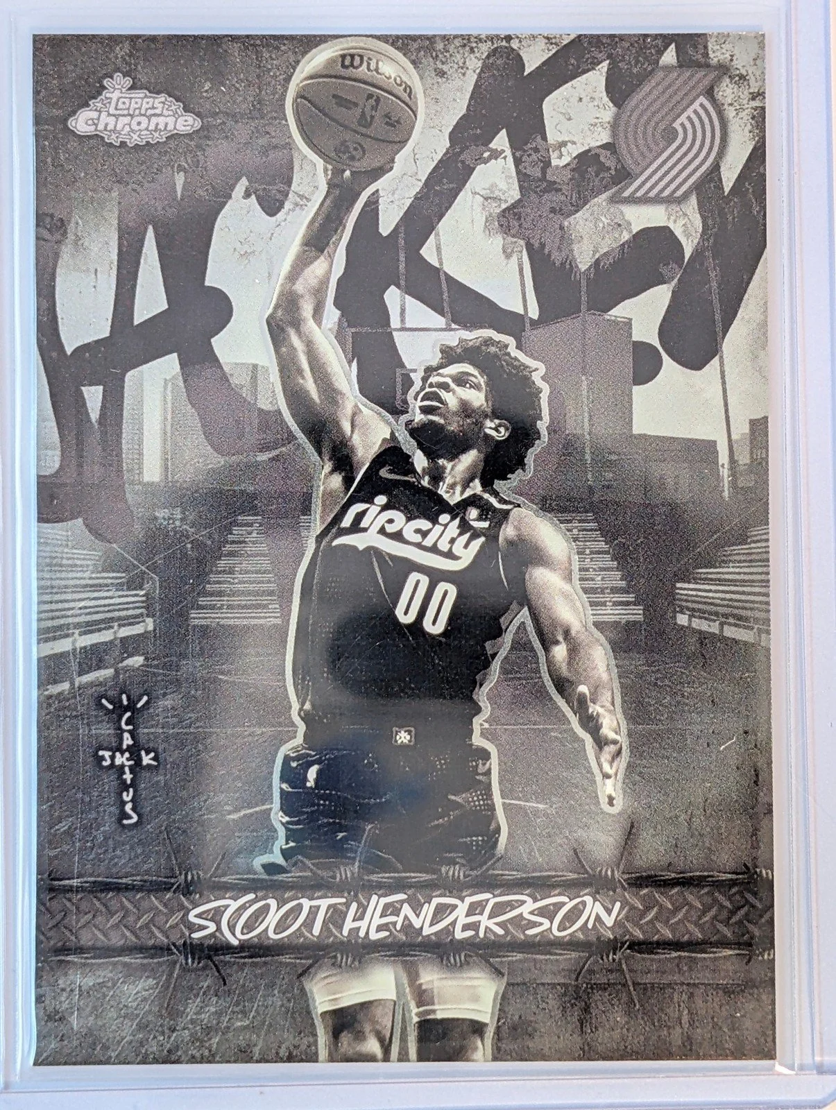 Front of 2025-26 Topps Chrome Cactus Jack #JU-21 Scoot Henderson Jacked Up