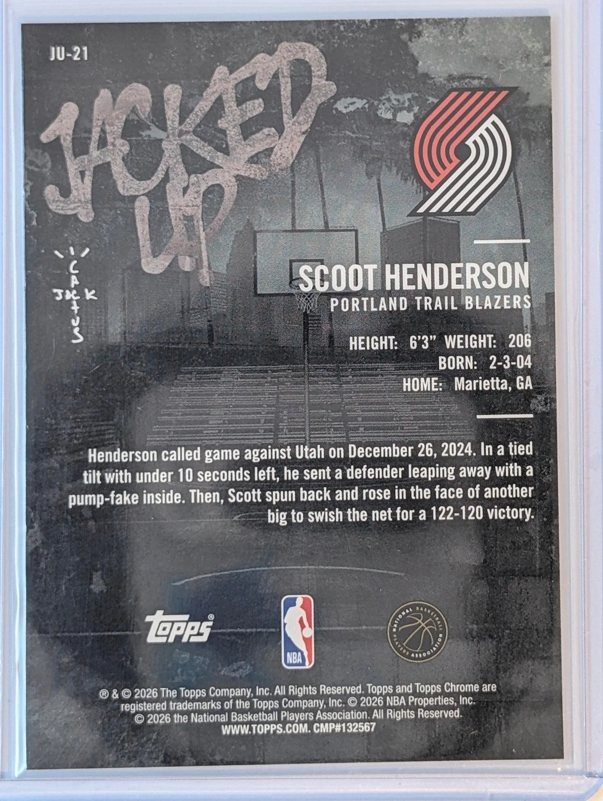 Back of 2025-26 Topps Chrome Cactus Jack #JU-21 Scoot Henderson Jacked Up