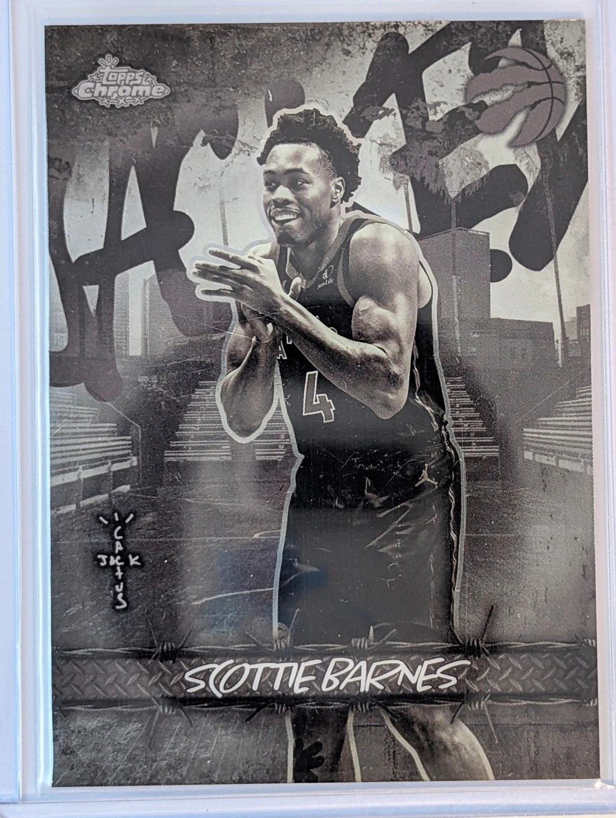 Front of 2025-26 Topps Chrome Cactus Jack #JU-15 Scottie Barnes Jacked Up