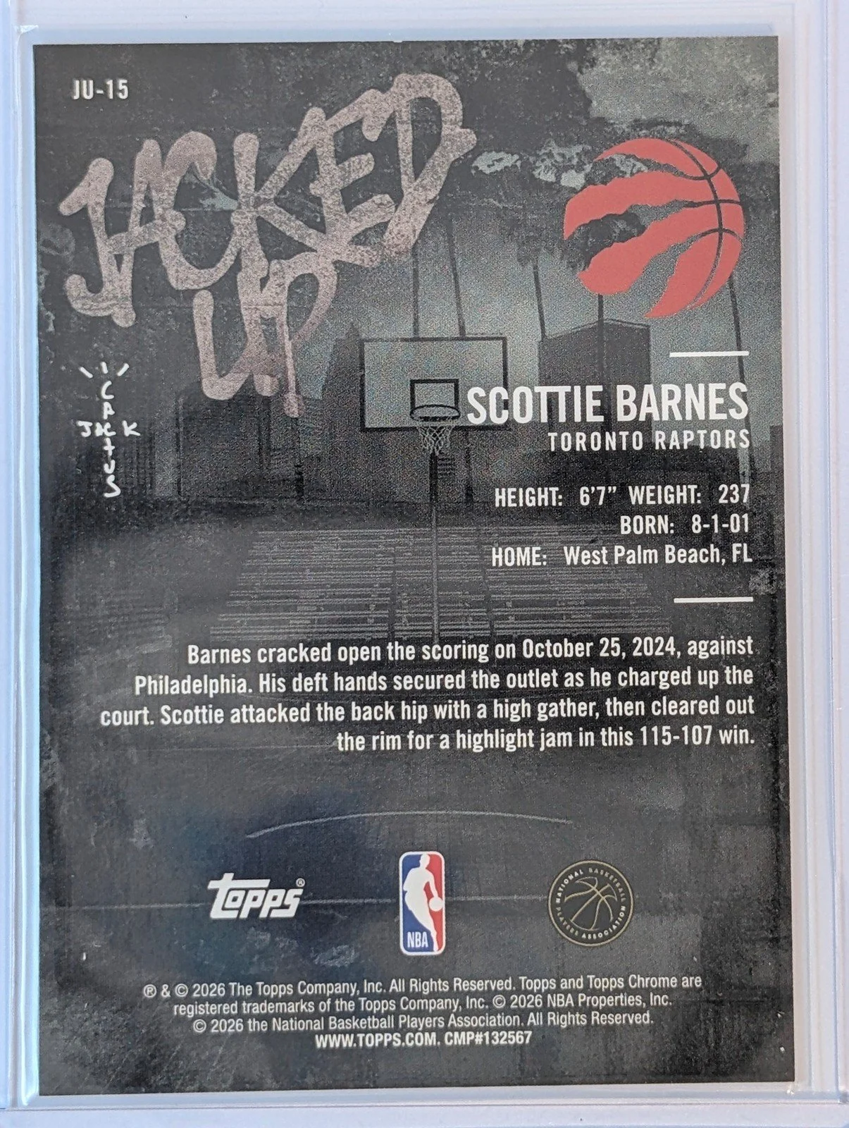 Back of 2025-26 Topps Chrome Cactus Jack #JU-15 Scottie Barnes Jacked Up