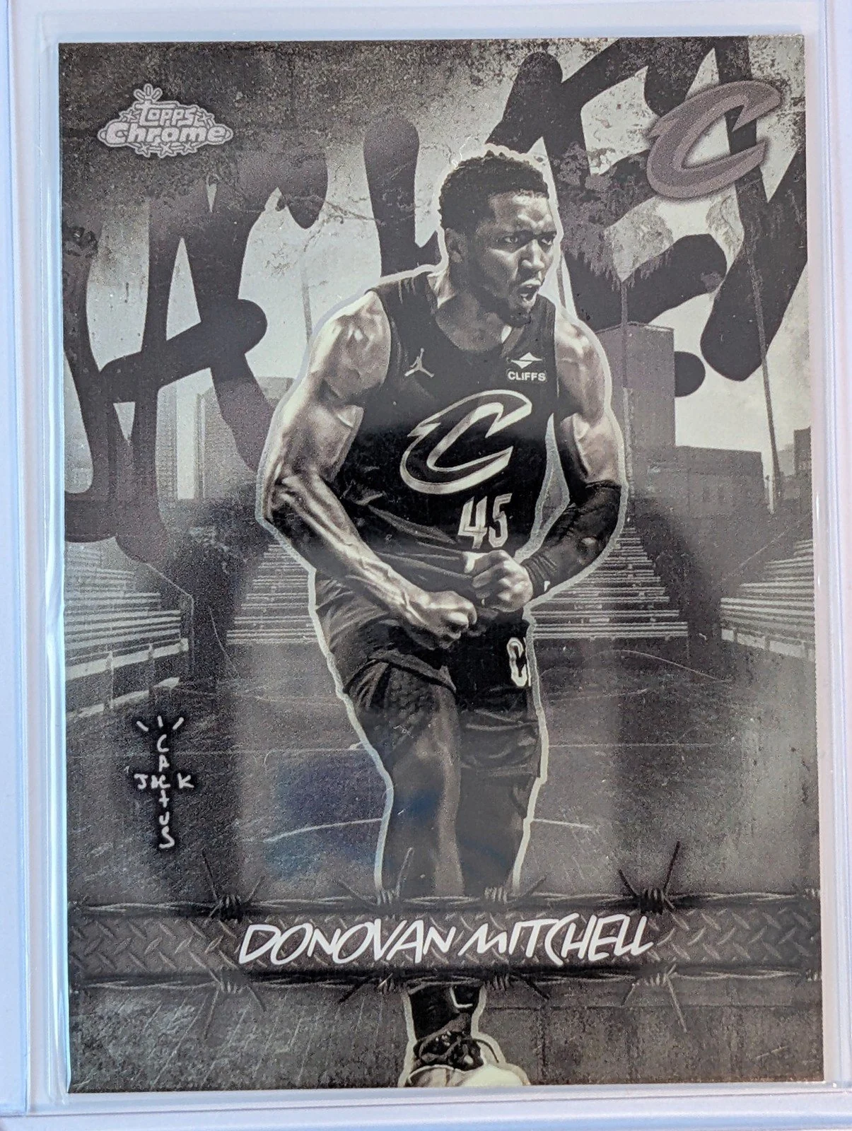 Front of 2025-26 Topps Chrome Cactus Jack #JU-18 Donovan Mitchell Jacked Up
