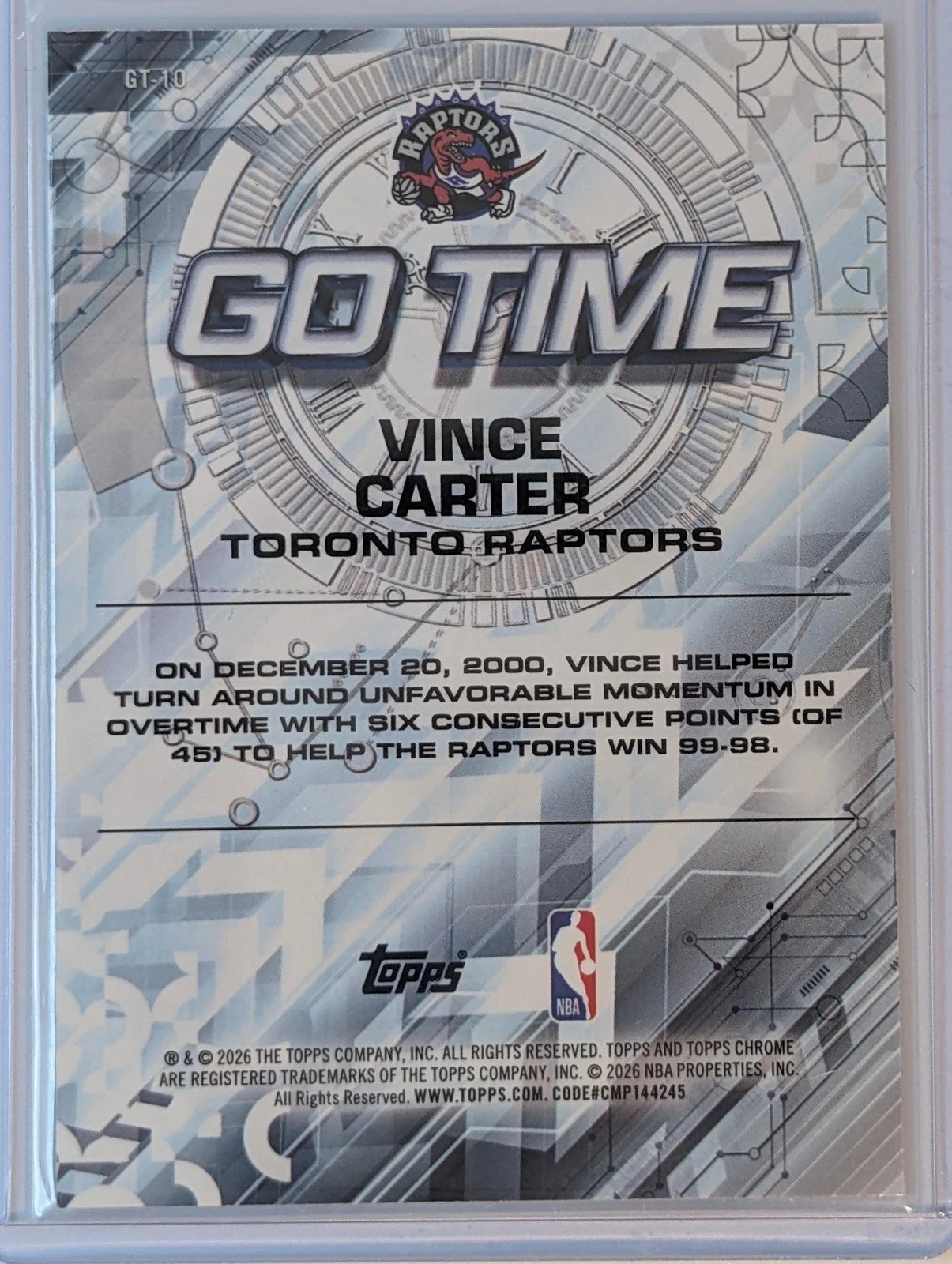 Back of 2025-26 Topps Chrome Update #GT-10 Vince Carter Go Time