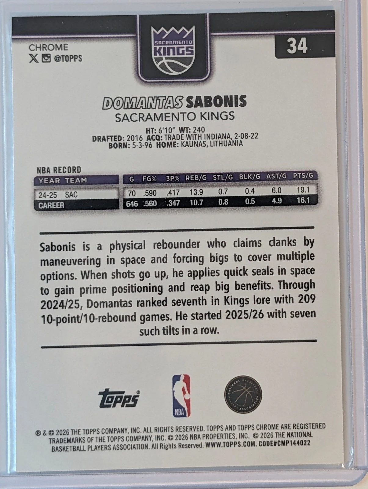 Back of 2025-26 Topps Chrome Update /299 Domantas Sabonis Teal Refractor #34