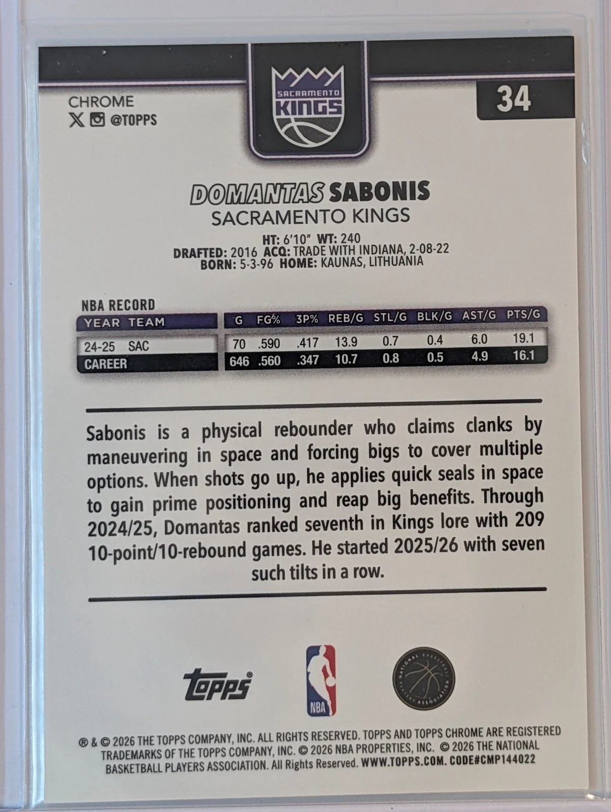 Back of 2025-26 Topps Chrome Update /275 Domantas Sabonis Yellow Refractor #34