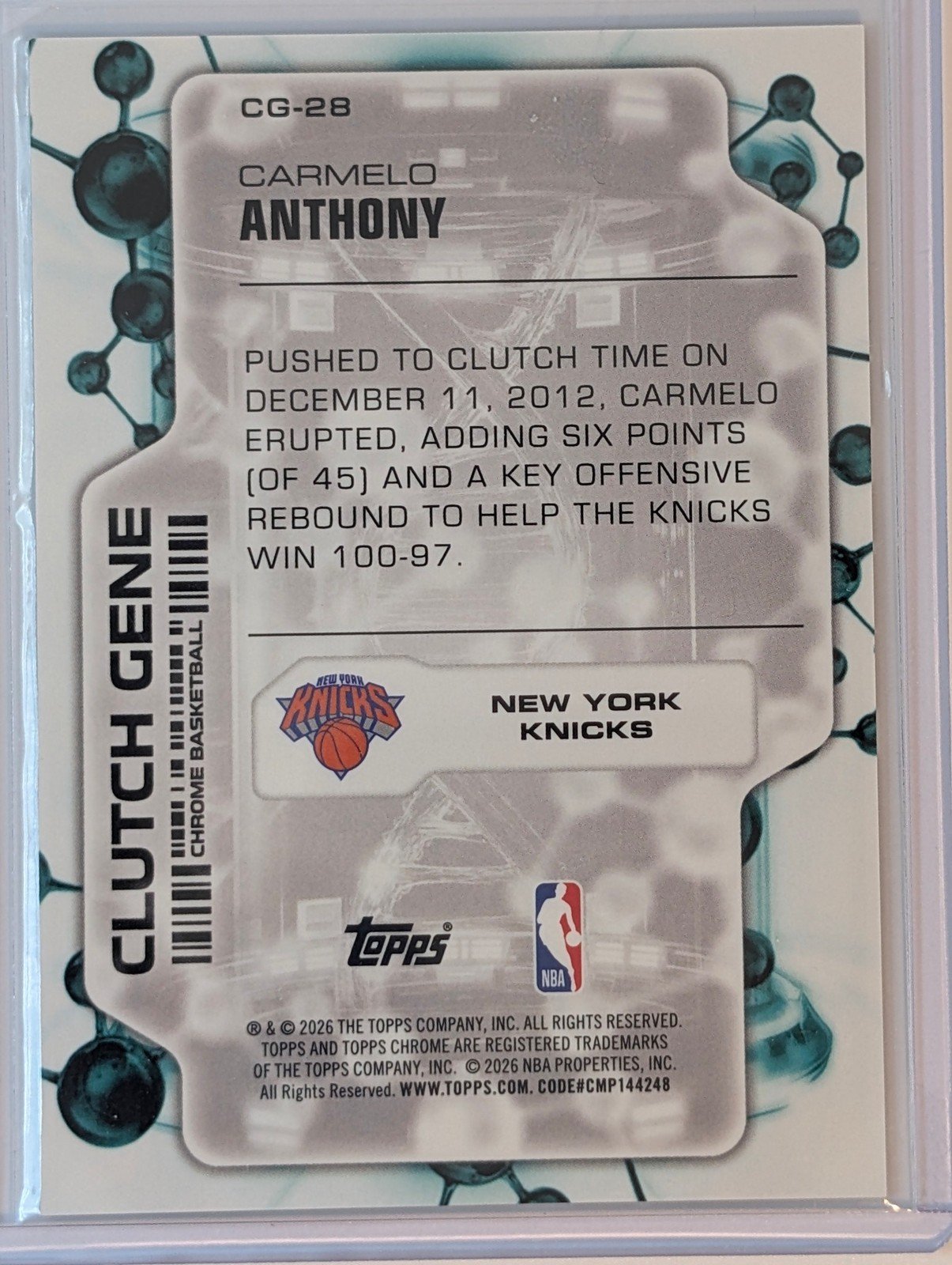 Back of 2025-26 Topps Chrome Update /50 Carmelo Anthony Clutch Gene Gold #CG-28