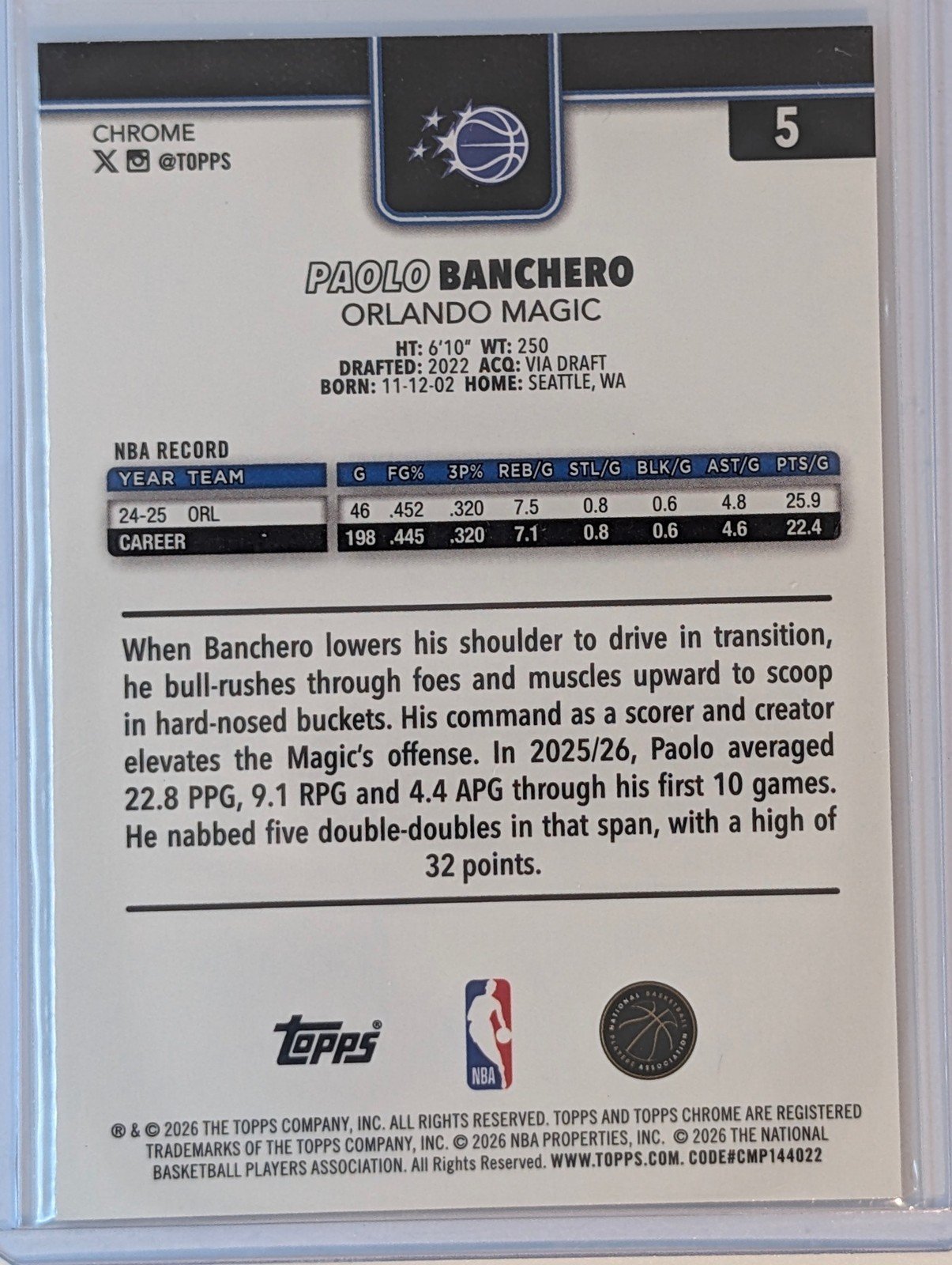 Back of 2025-26 Topps Chrome Update #5 Paolo Banchero Wave Refractor