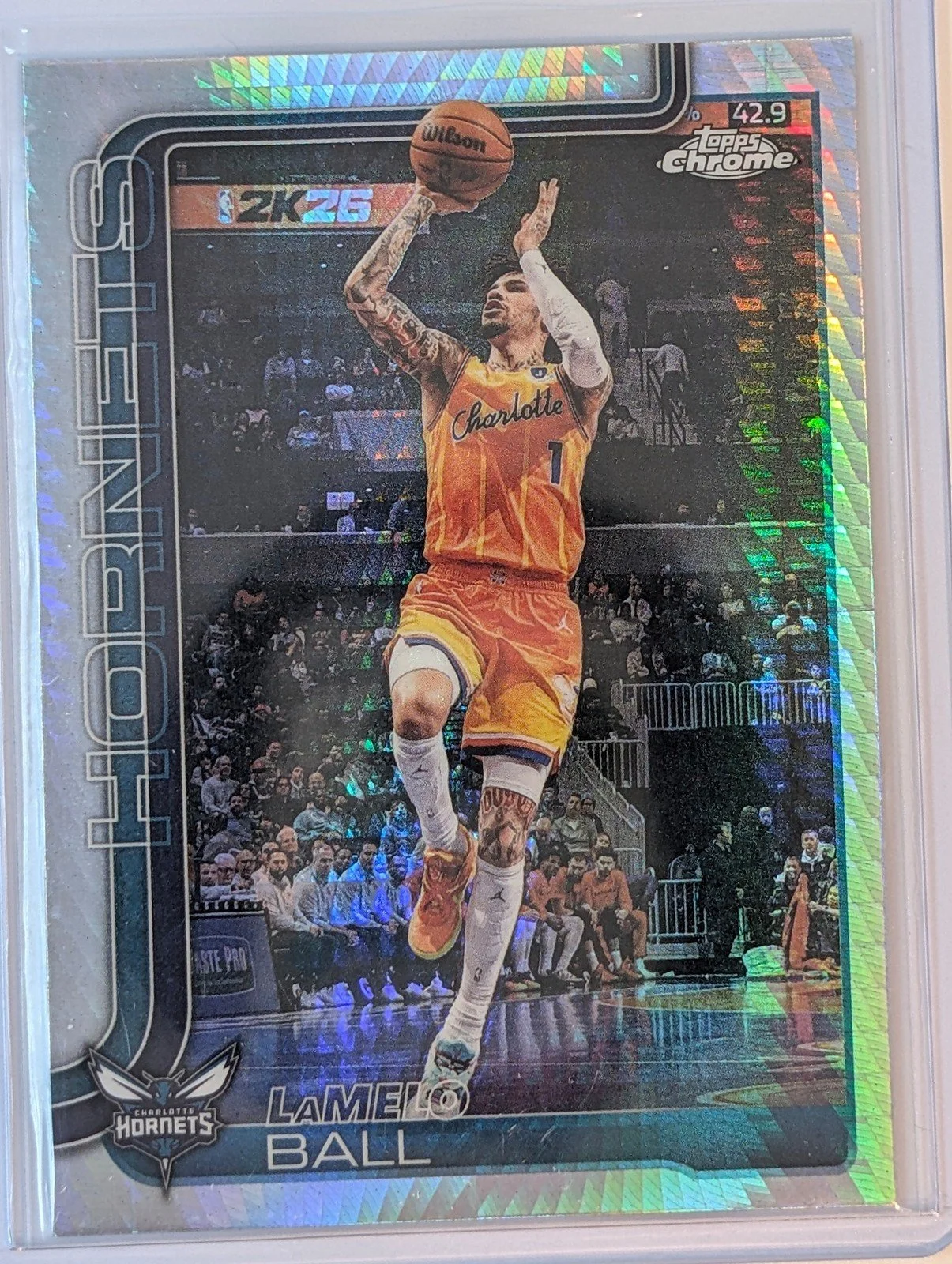 Front of 2025-26 Topps Chrome Update #50 LaMelo Ball Prizm Refractor