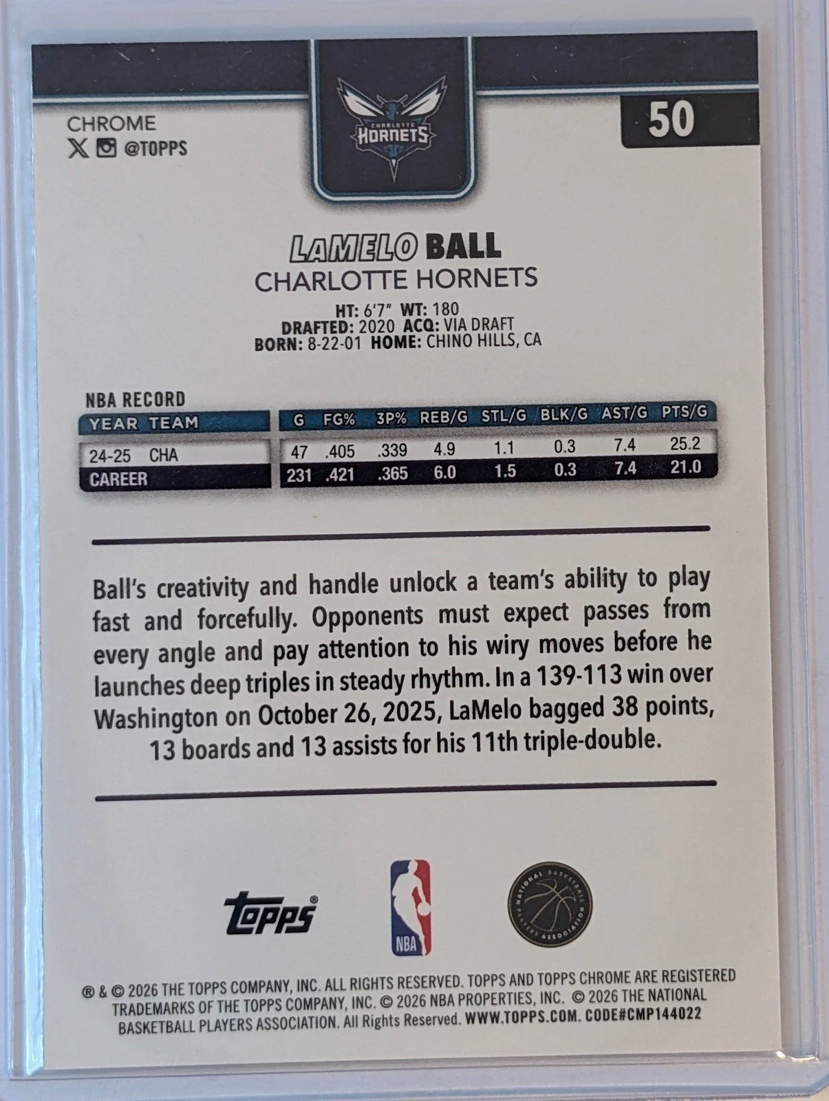 Back of 2025-26 Topps Chrome Update #50 LaMelo Ball Prizm Refractor
