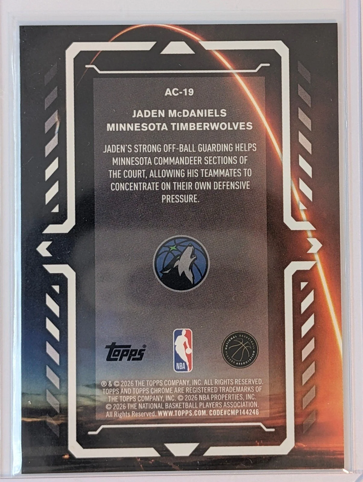 Back of 2025-26 Topps Chrome Update /199 Jaden McDaniels Activators Aqua Refractor