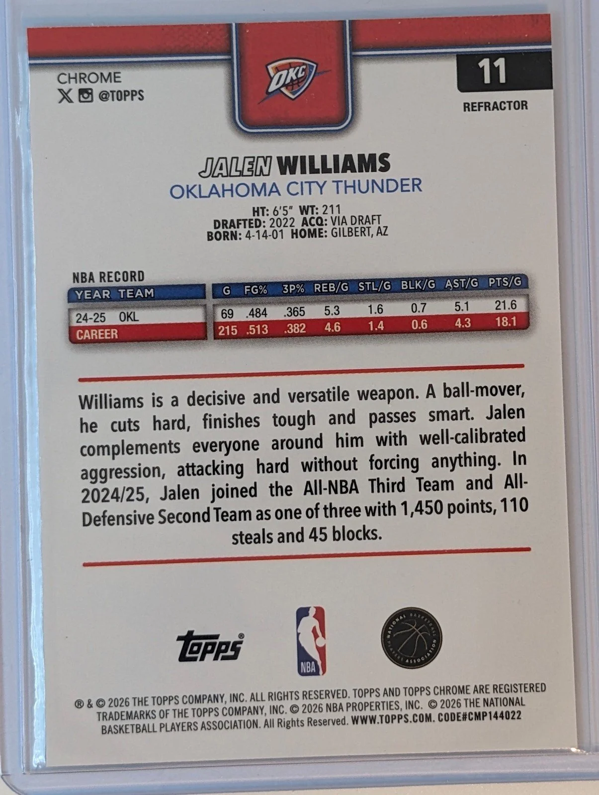 Back of 2025-26 Topps Chrome Update #11 Jalen Williams Refractor