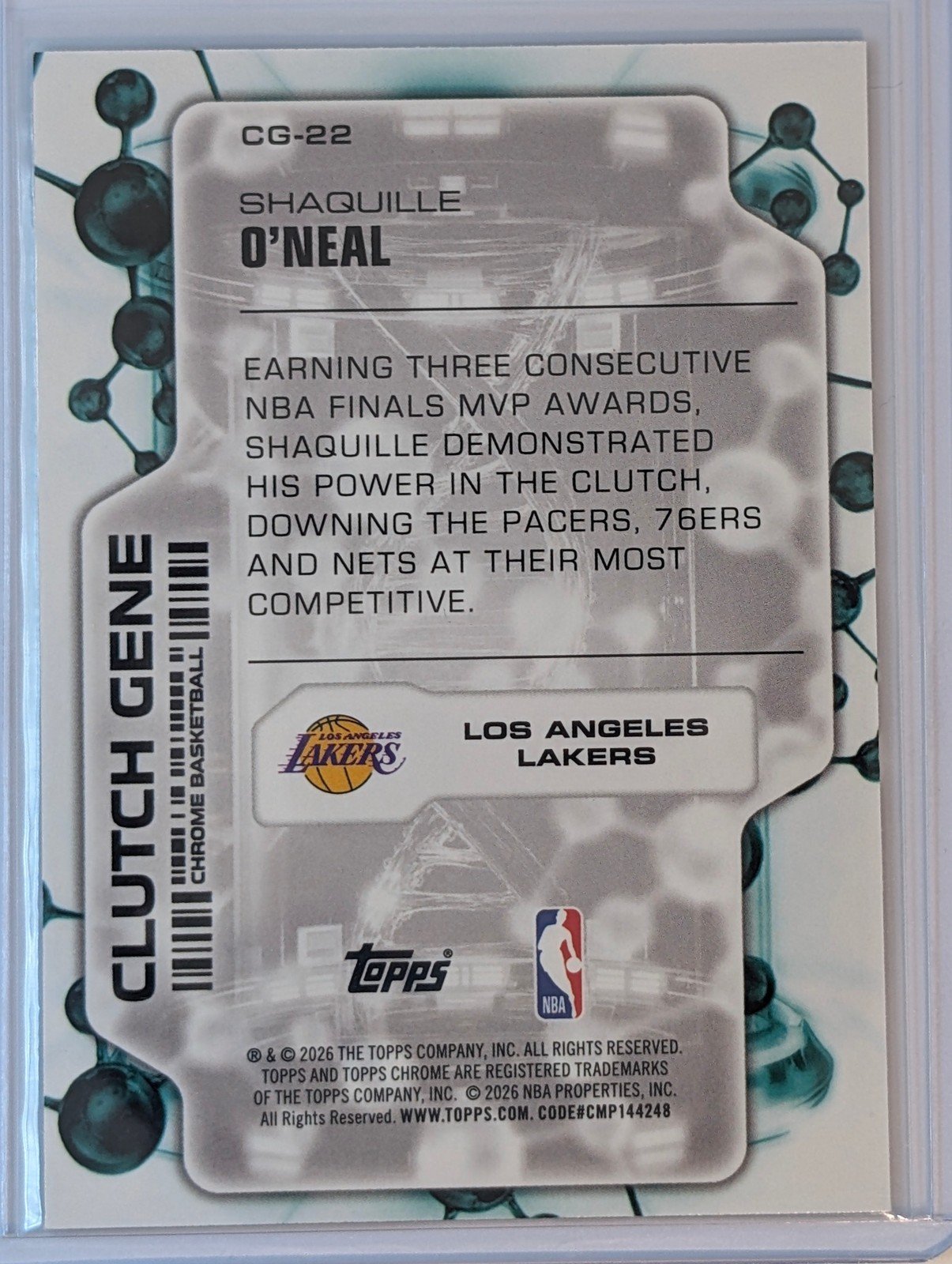 Back of 2025-26 Topps Chrome Update #CG-22 Shaquille O’Neal Clutch Gene