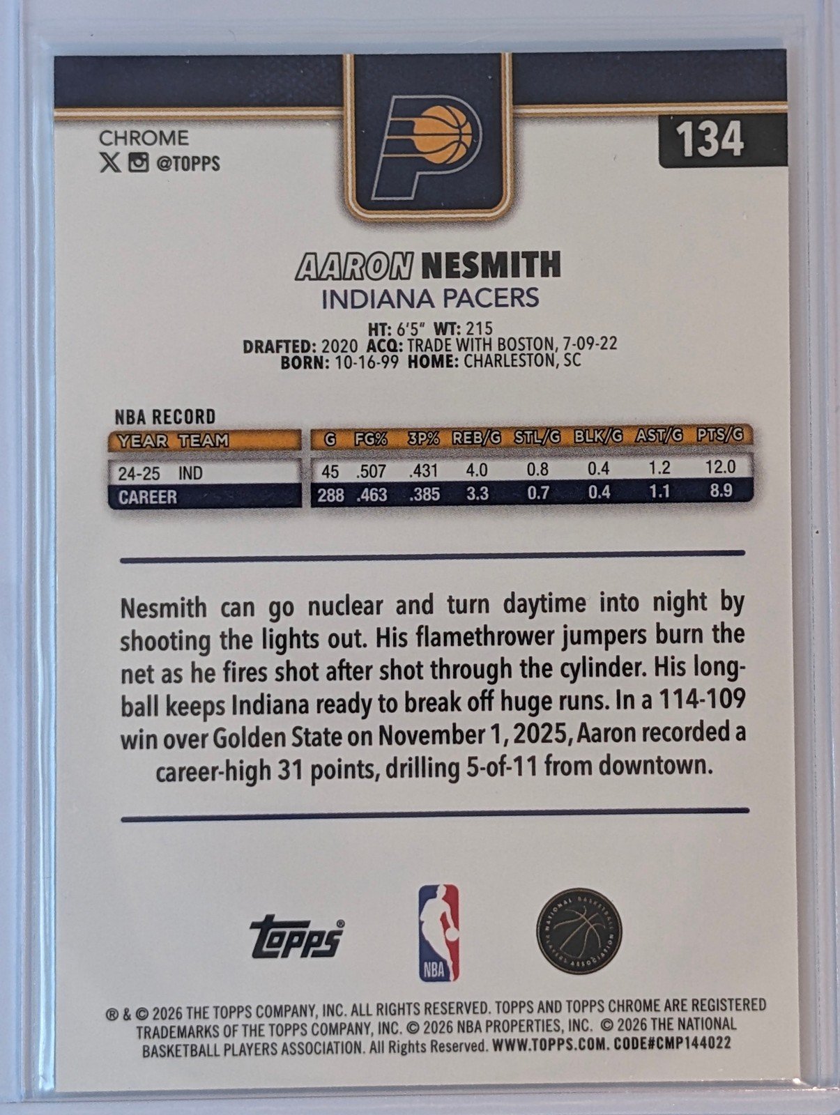 Back of 2025-26 Topps Chrome Update #134 Aaron Nesmith X-Fractor