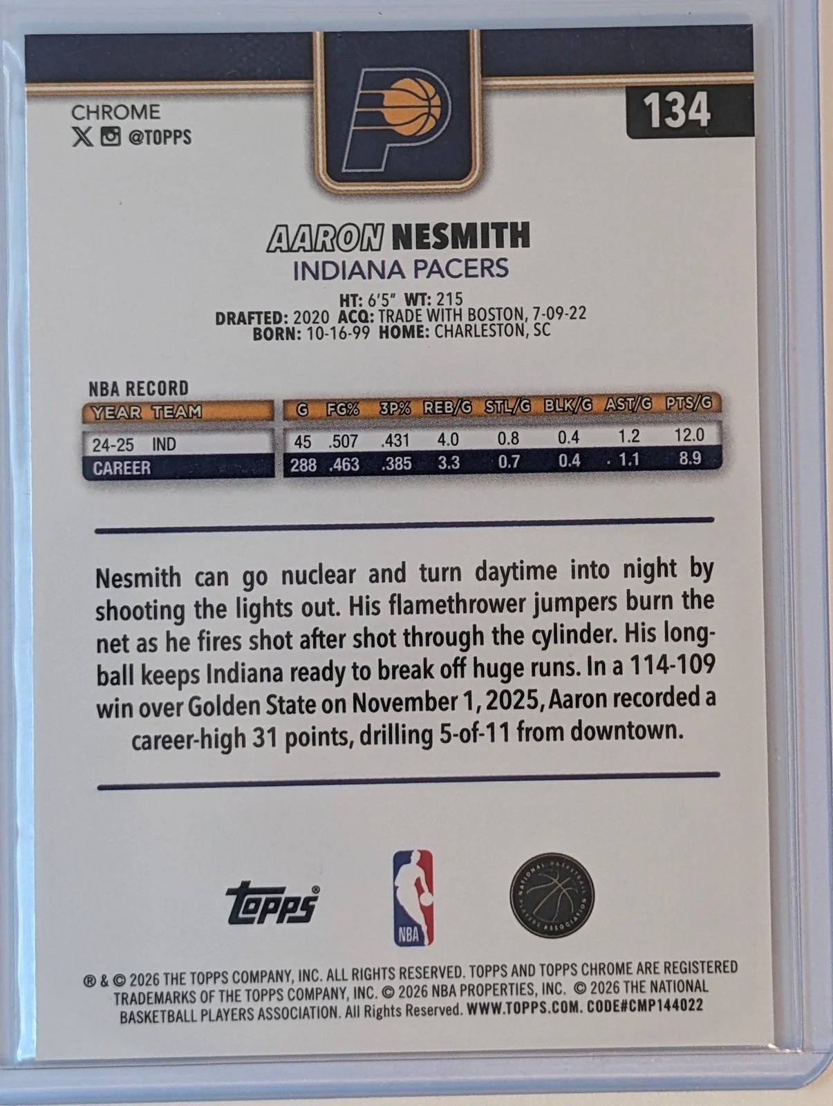 Back of 2025-26 Topps Chrome Update #134 Aaron Nesmith Skylight Refractor