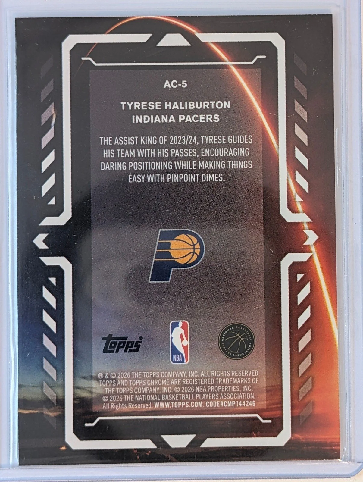 Back of 2025-26 Topps Chrome Update #AC-5 Tyrese Haliburton Activators