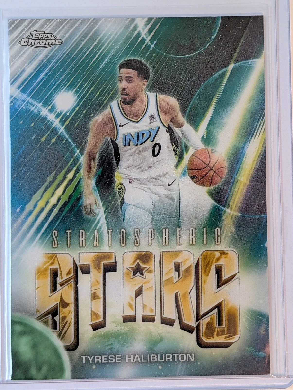 Front of 2025-26 Topps Chrome Update #ST-7 Tyrese Haliburton Stratospheric Stars