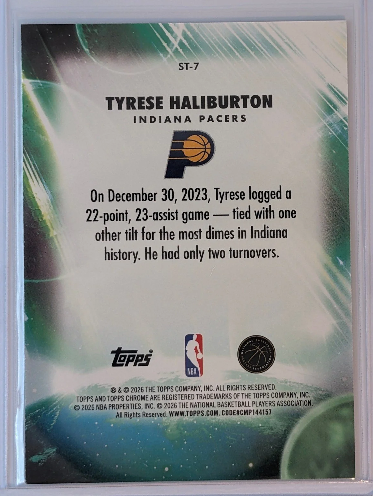 Back of 2025-26 Topps Chrome Update #ST-7 Tyrese Haliburton Stratospheric Stars