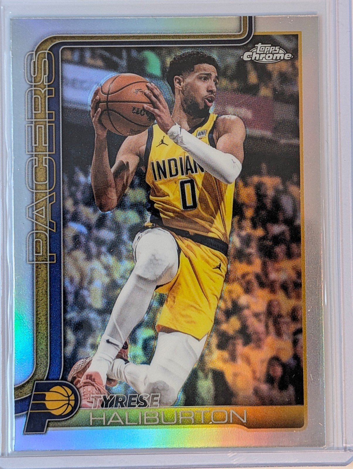 Front of 2025-26 Topps Chrome Update #18 Tyrese Haliburton Refractor