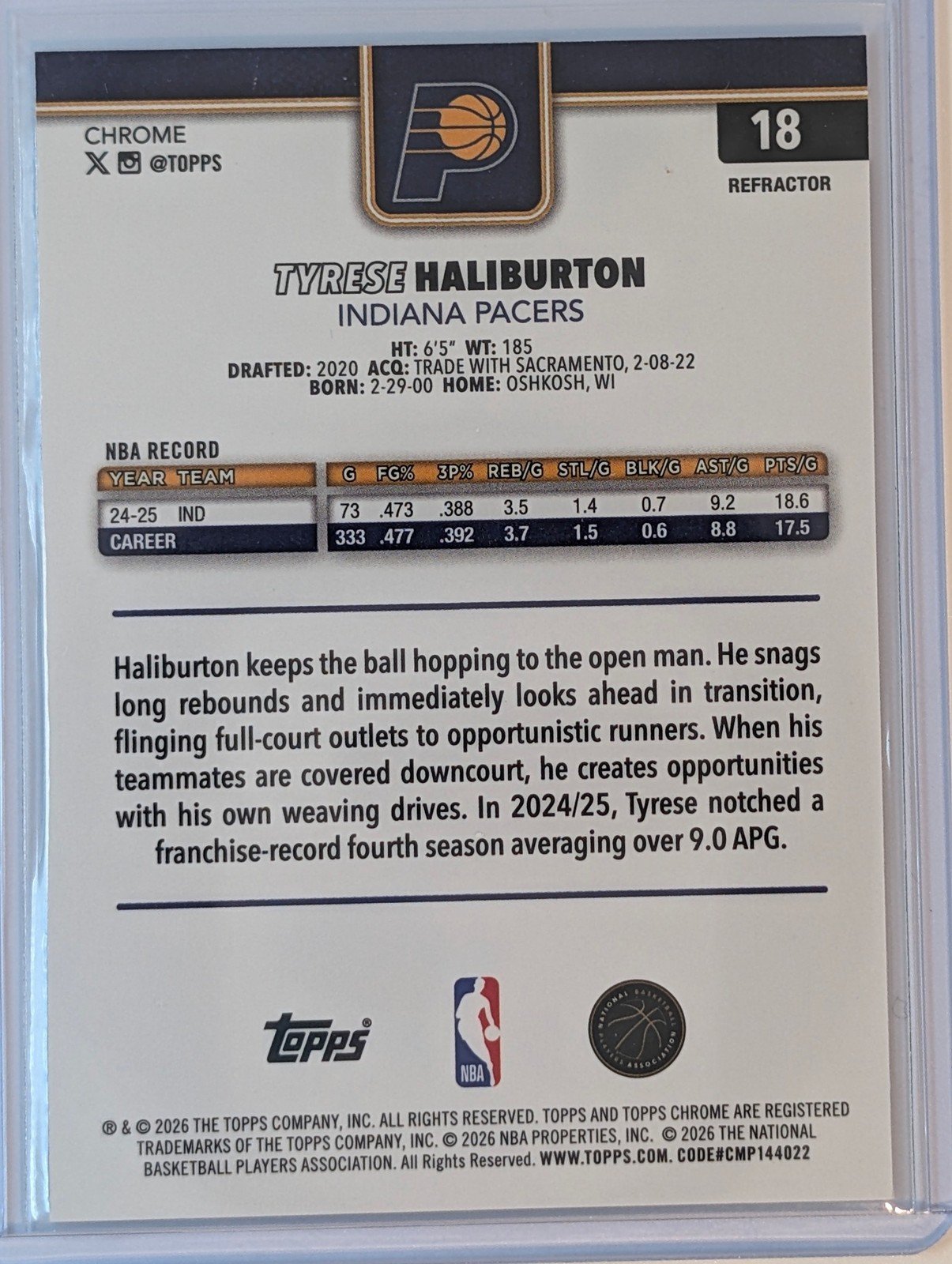Back of 2025-26 Topps Chrome Update #18 Tyrese Haliburton Refractor