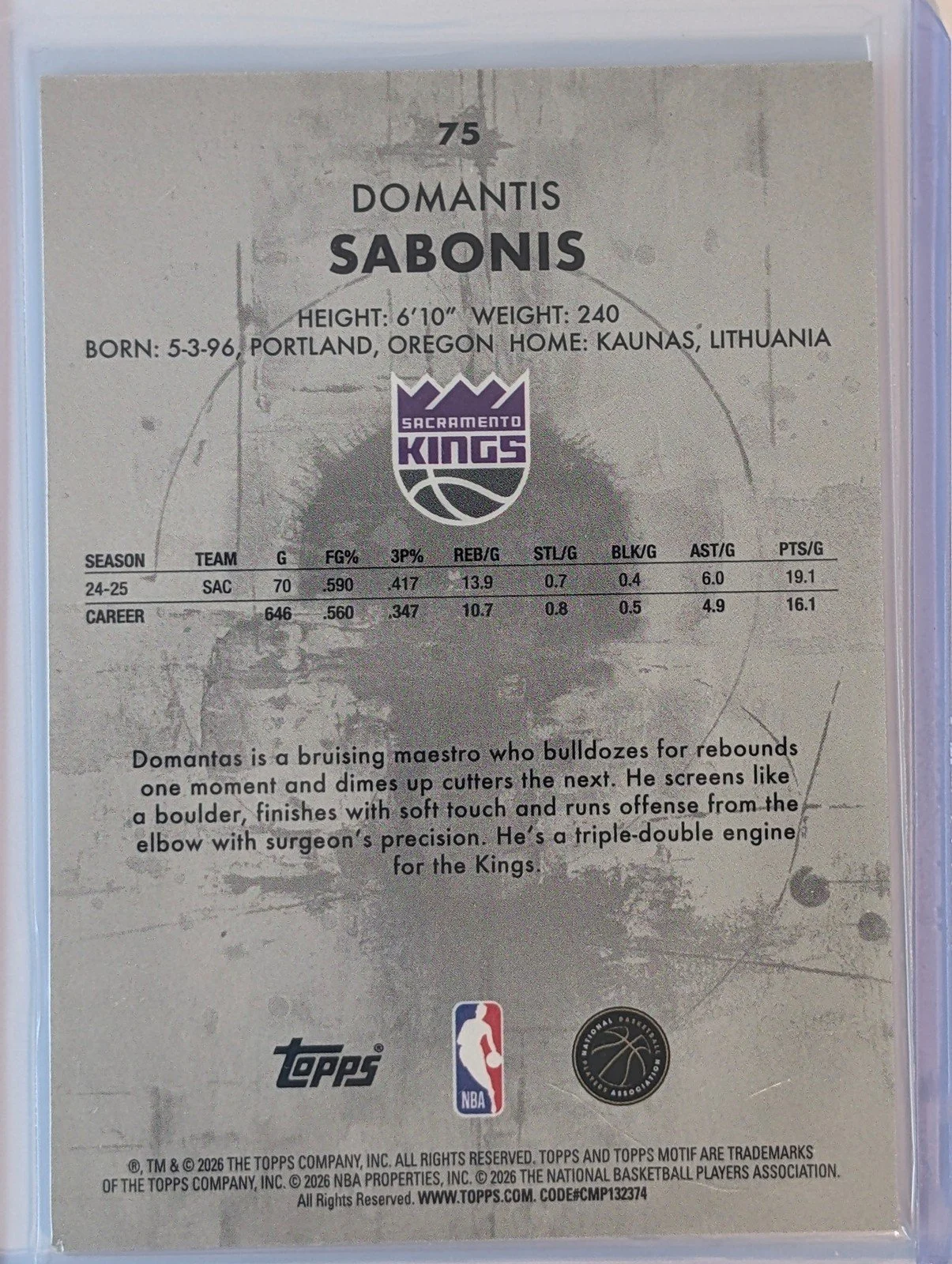 Back of 2025-26 Topps Motif /99 Domantas Sabonis #75
