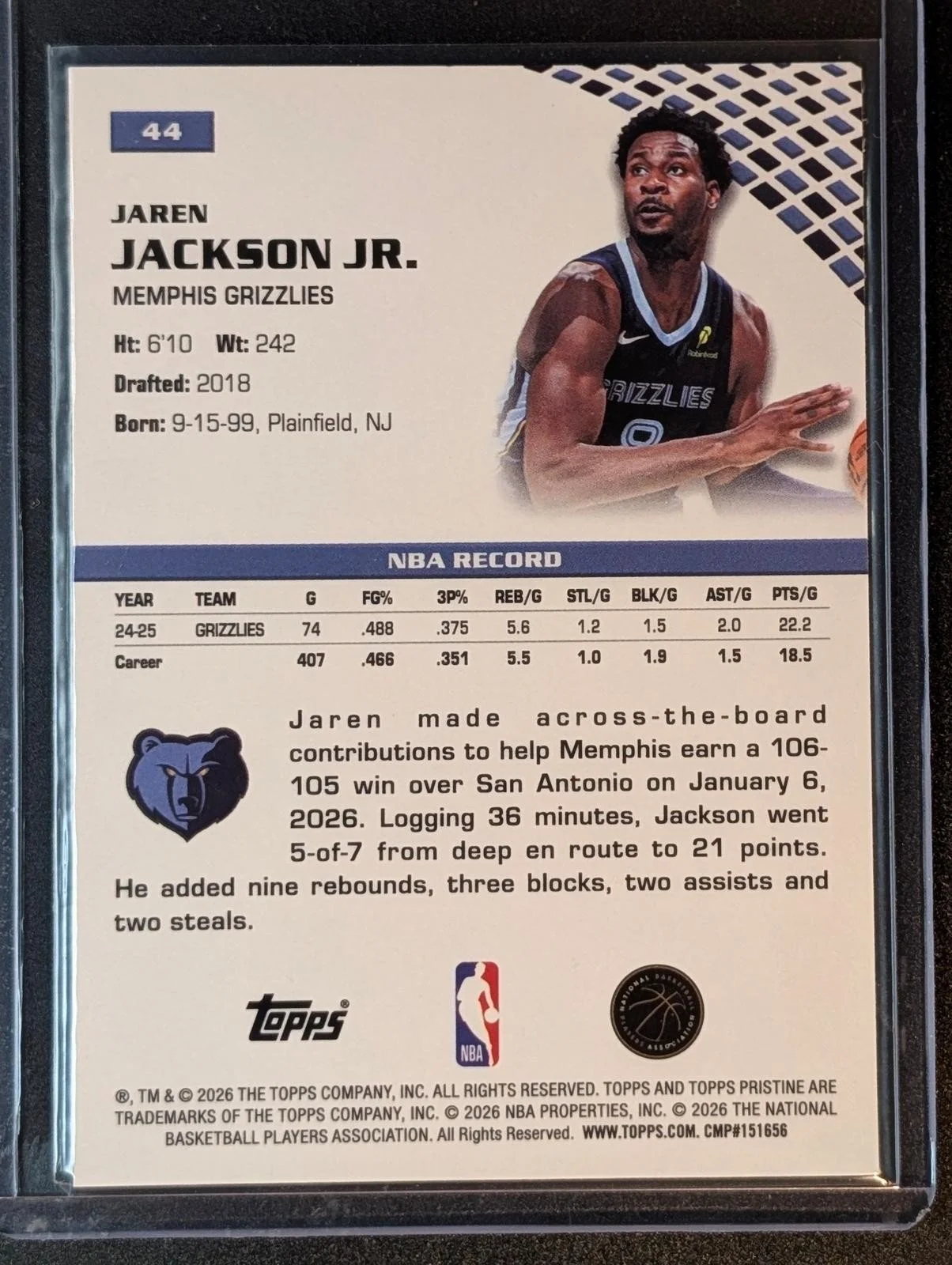 Back of 2025-26 Topps Pristine #44 Jaren Jackson Jr. Paint the Arc Refractor