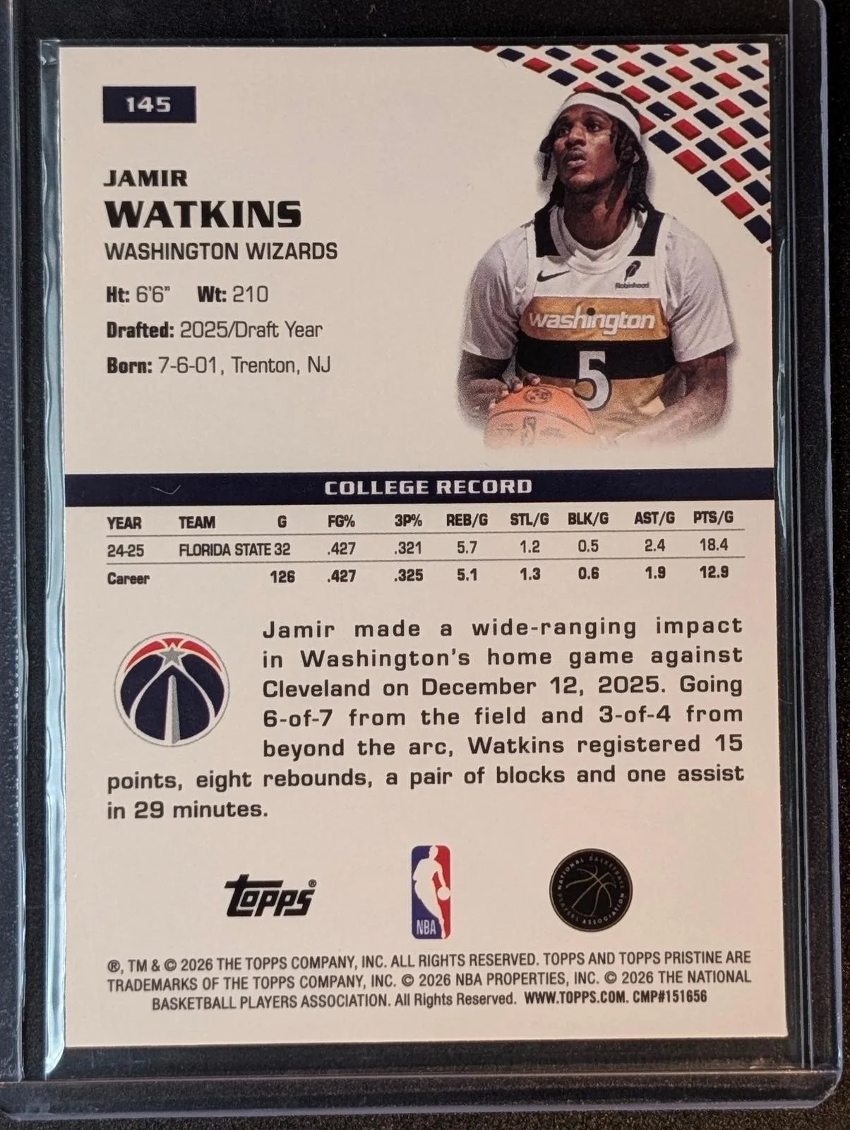 Back of 2025-26 Topps Pristine #145 Jamir Watkins Paint the Arc Refractor