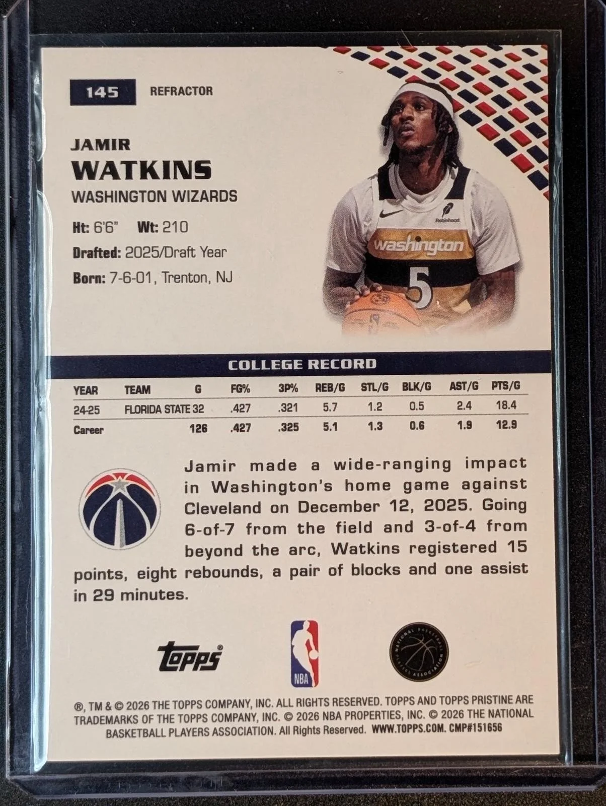 Back of 2025-26 Topps Pristine Jamir Watkins Refractor #145 RC