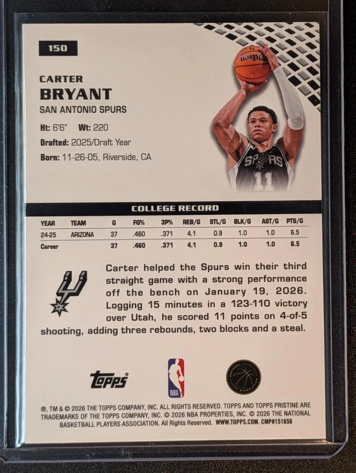 Back of 2025-26 Topps Pristine Carter Bryant #150 RC