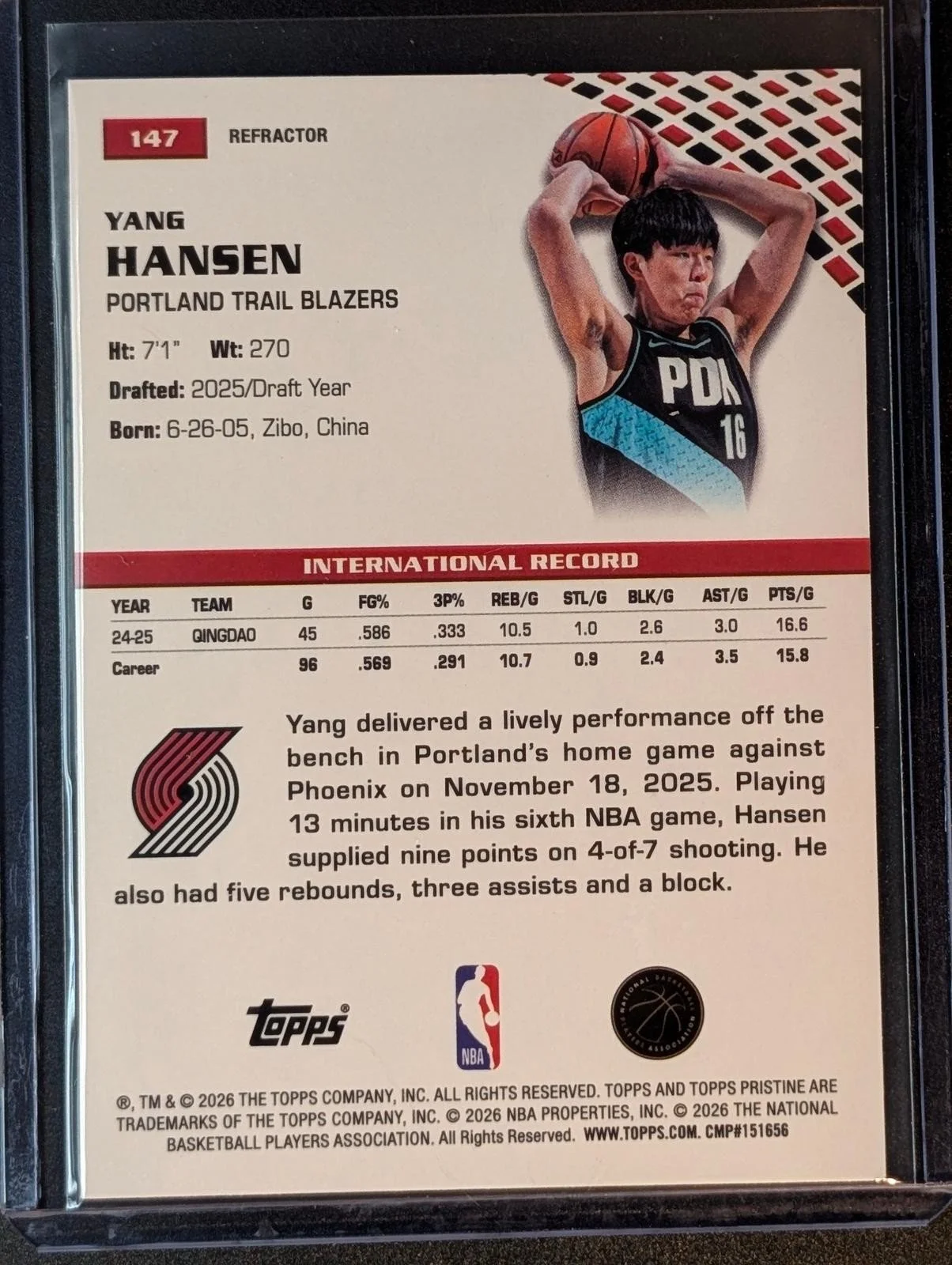Back of 2025-26 Topps Pristine Yang Hansen Refractor #147 RC