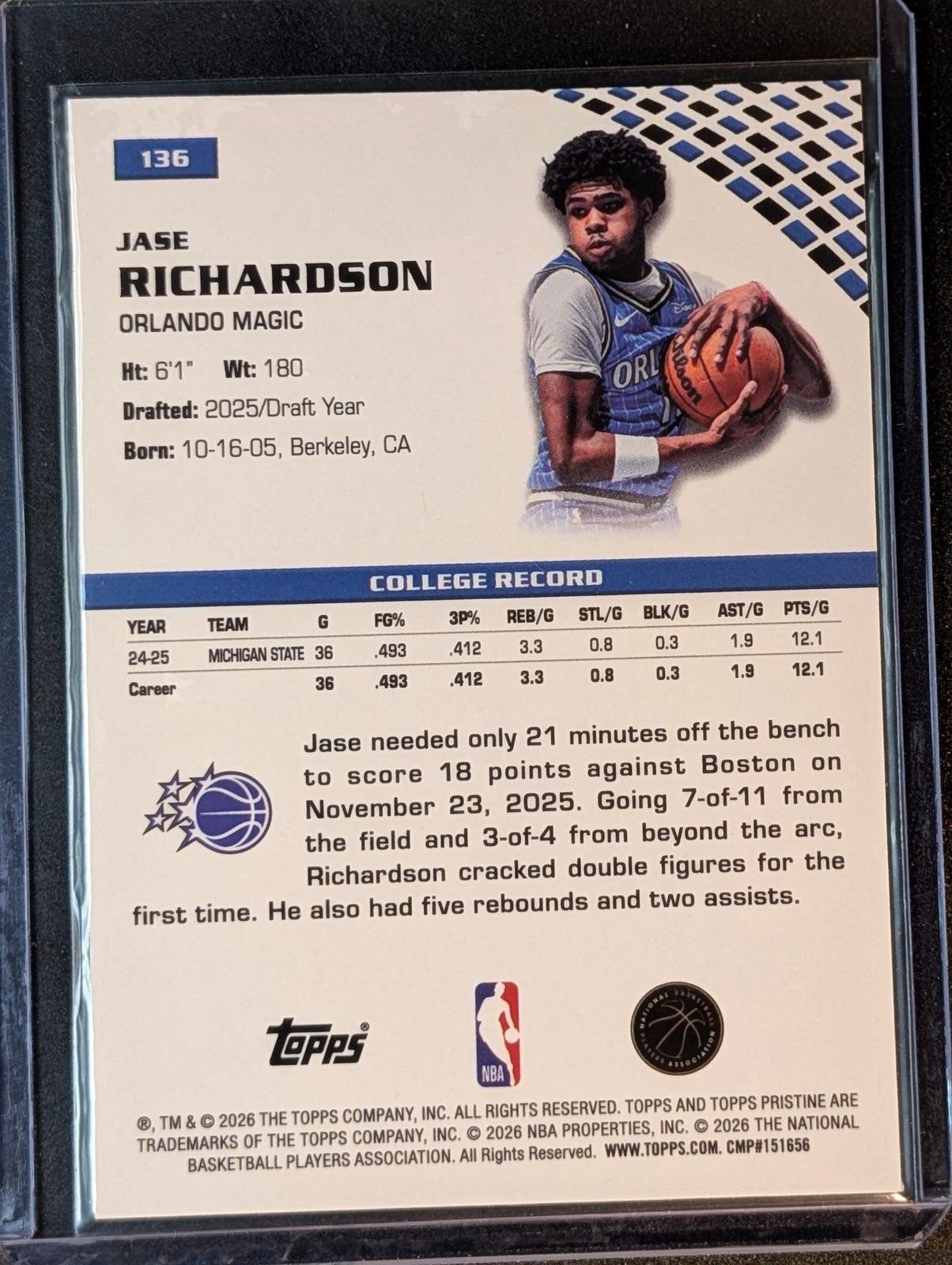 Back of 2025-26 Topps Pristine #136 Jase Richardson Paint the Arc Refractor