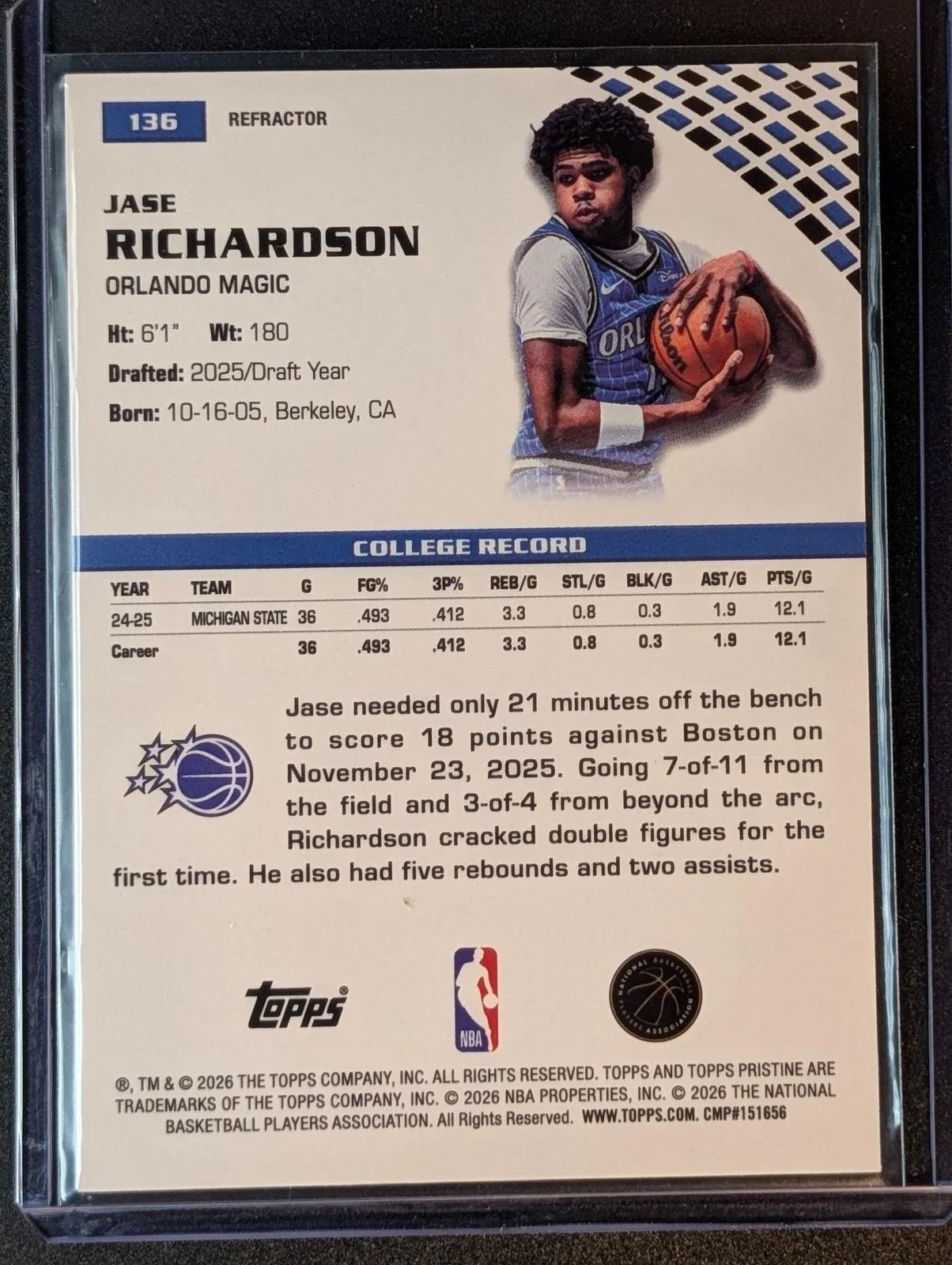 Back of 2025-26 Topps Pristine Jase Richardson Refractor #136 RC