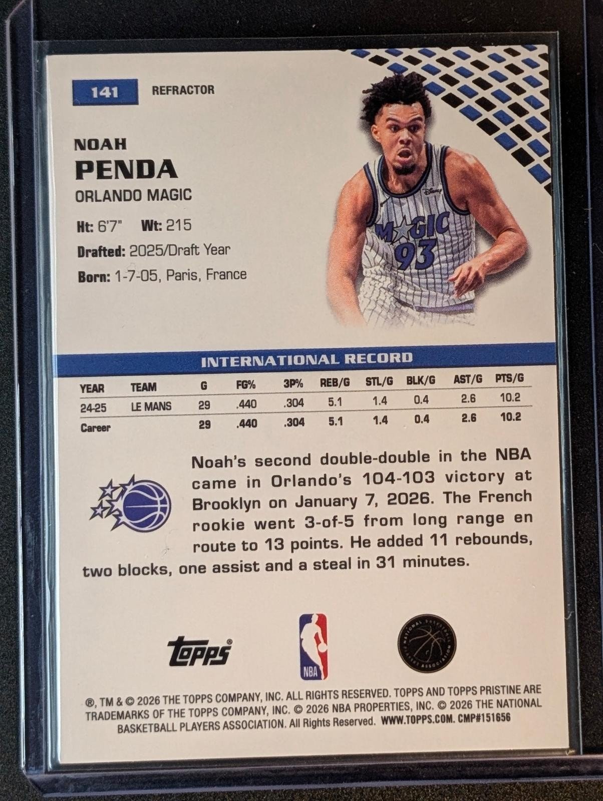 Back of 2025-26 Topps Pristine Noah Penda Refractor #141 RC
