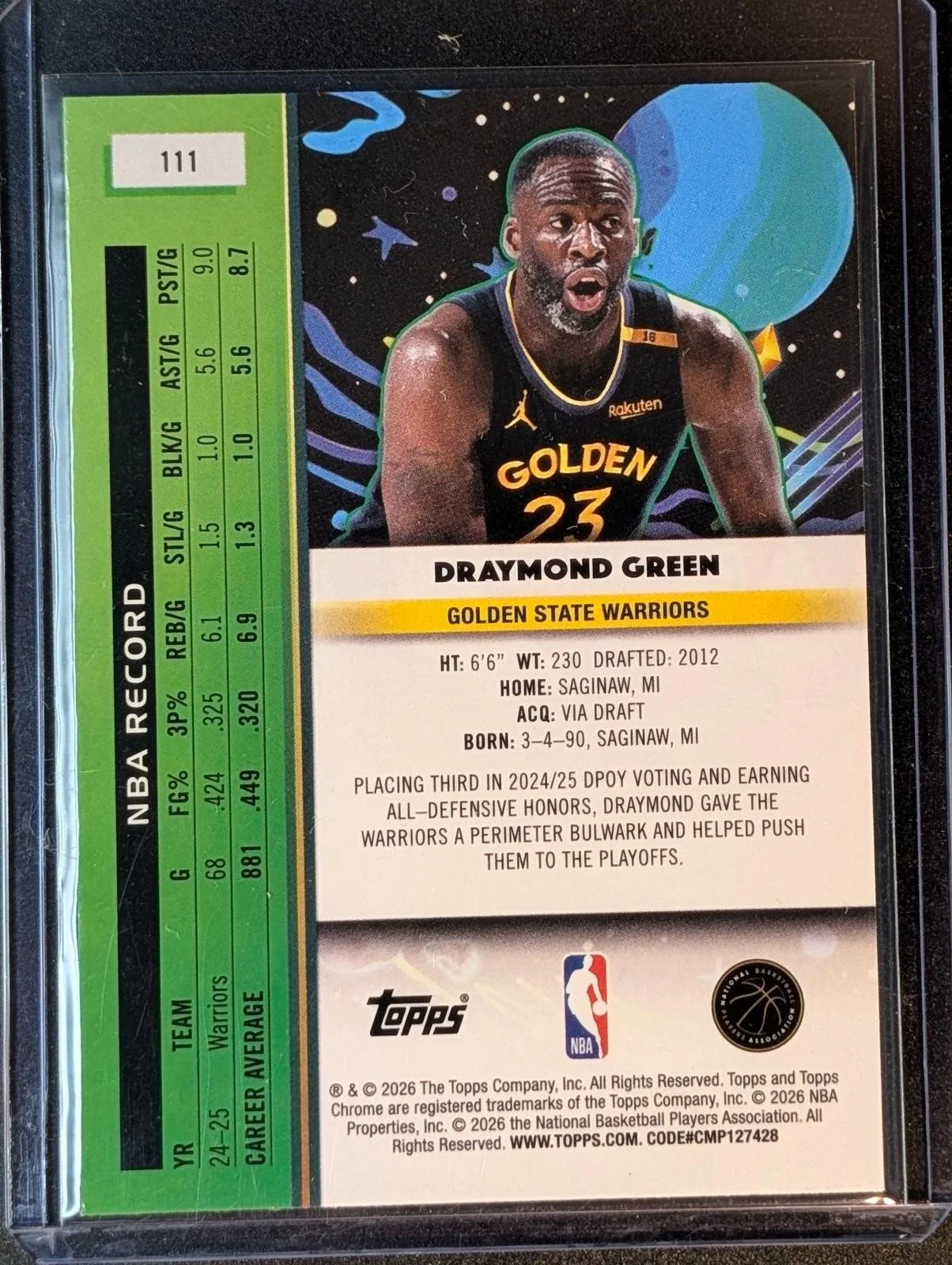 Back of 2025-26 Topps Cosmic Chrome /150 Draymond Green Purple Nebula #111
