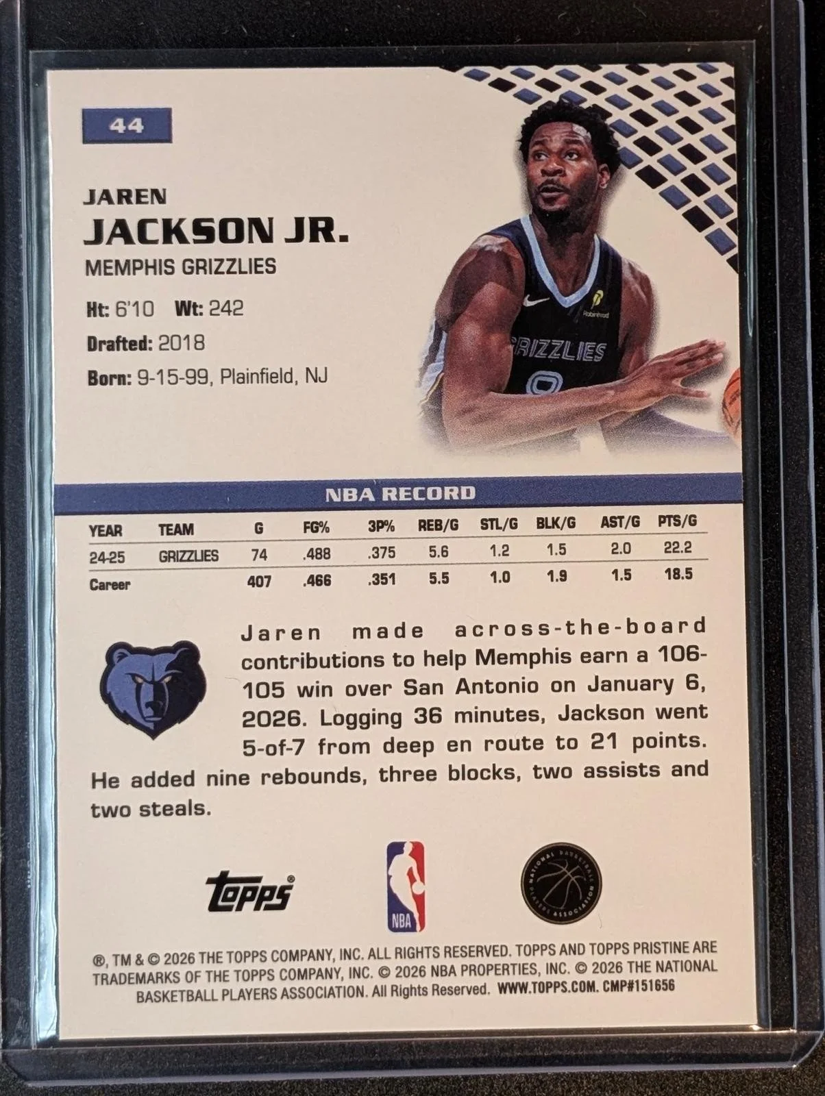 Back of 2025-26 Topps Pristine #44 Jaren Jackson Jr. Paint the Arc Refractor