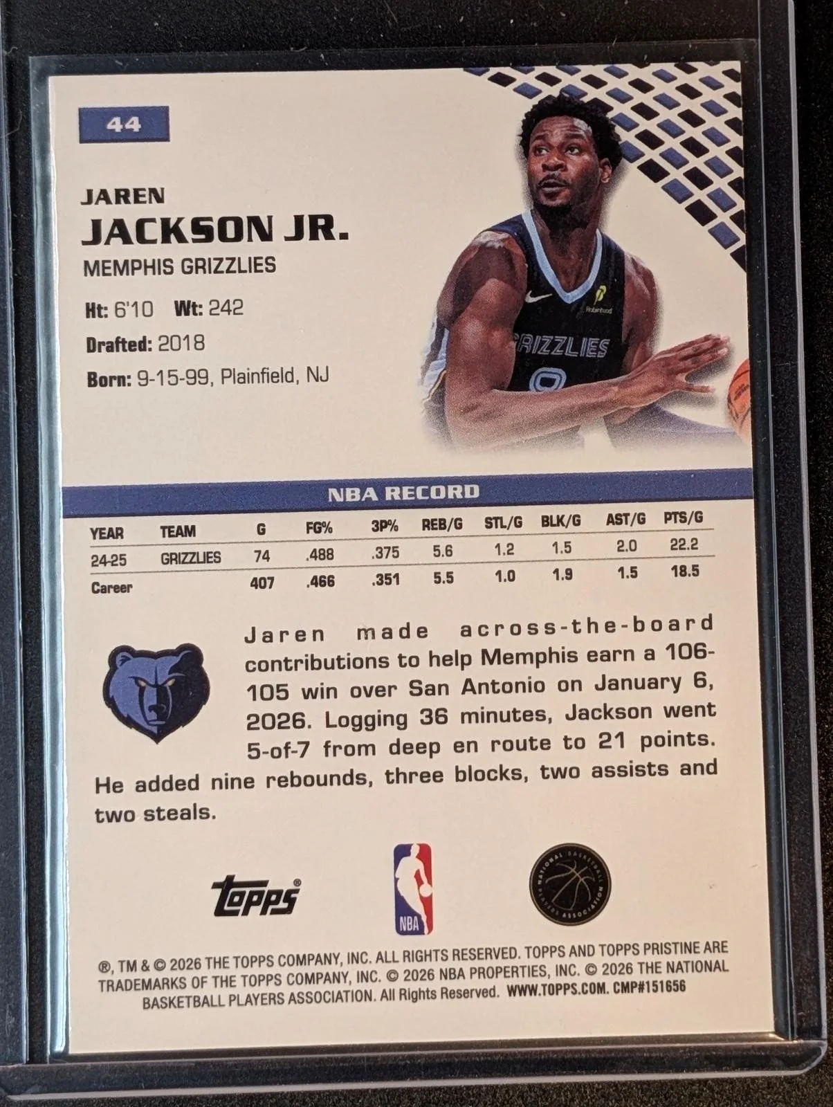 Back of 2025-26 Topps Pristine /99 Jaren Jackson Jr. Purple #44