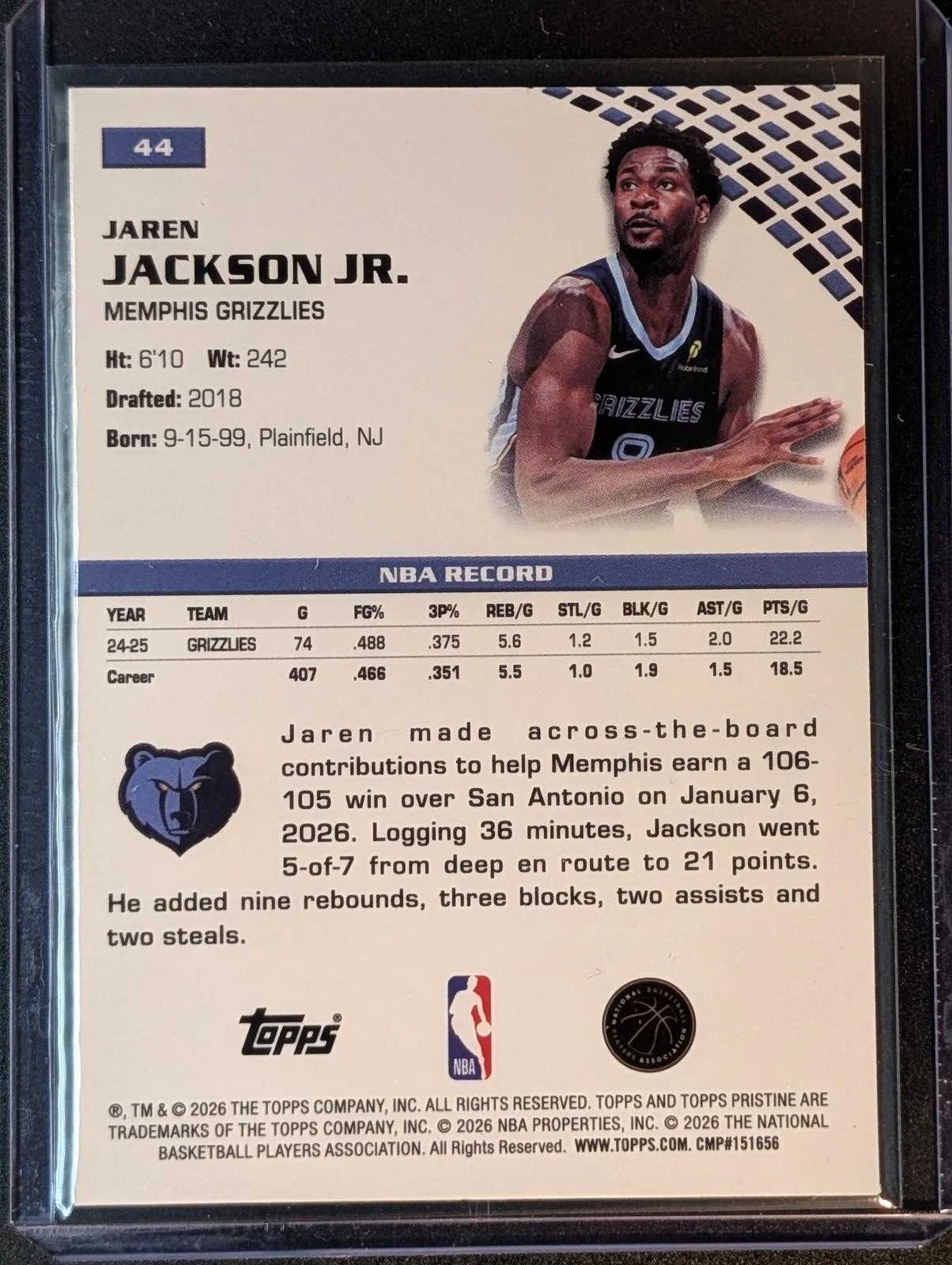Back of 2025-26 Topps Pristine /150 Jaren Jackson Jr. Green #44