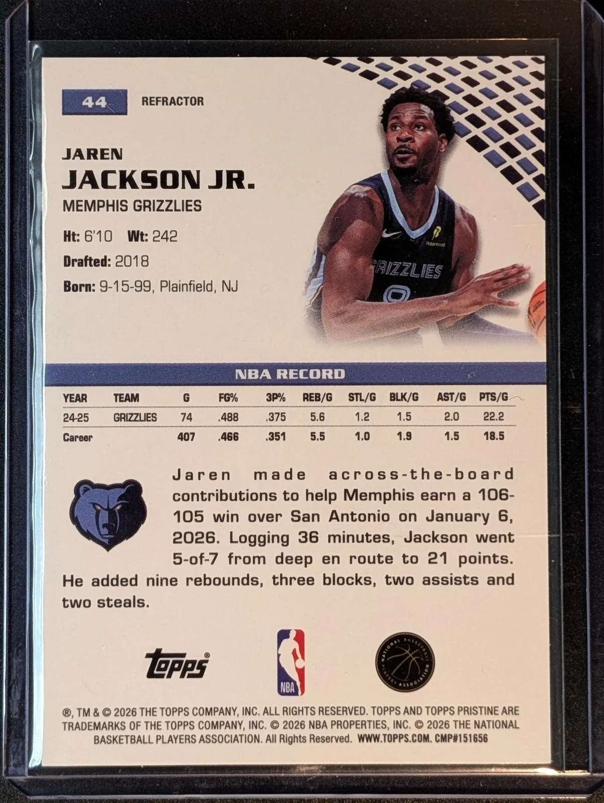Back of 2025-26 Topps Pristine Jaren Jackson Jr. Refractor #44