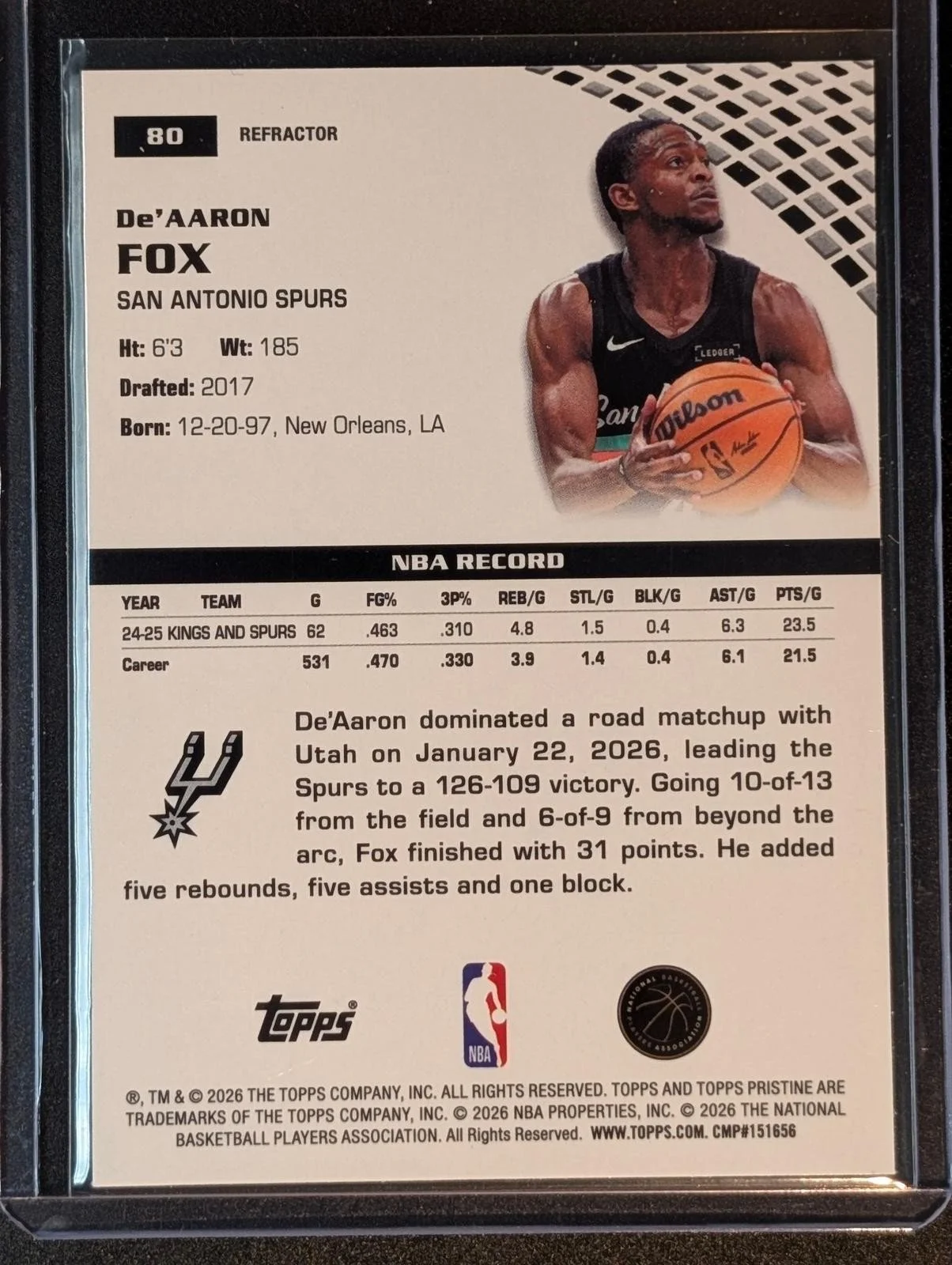 Back of 2025-26 Topps Pristine De'Aaron Fox Refractor #80