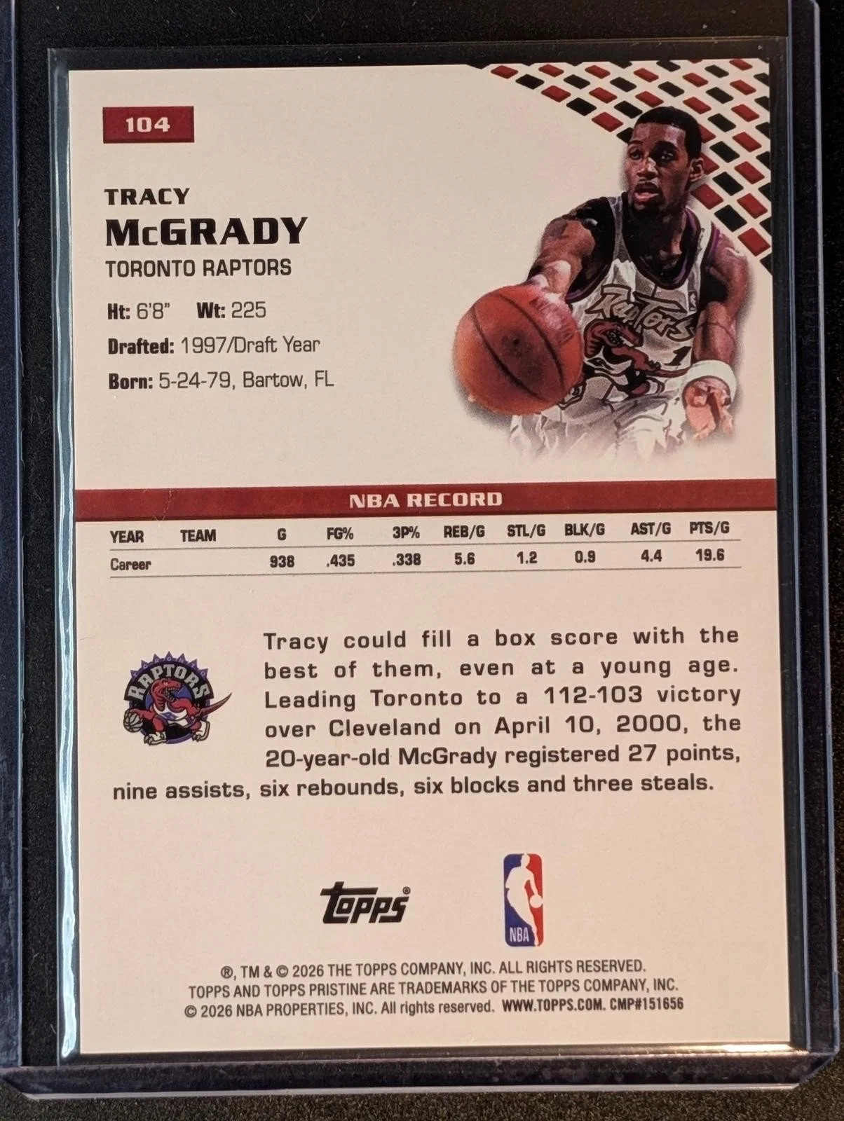 Back of 2025-26 Topps Pristine /99 Tracy McGrady Purple #104