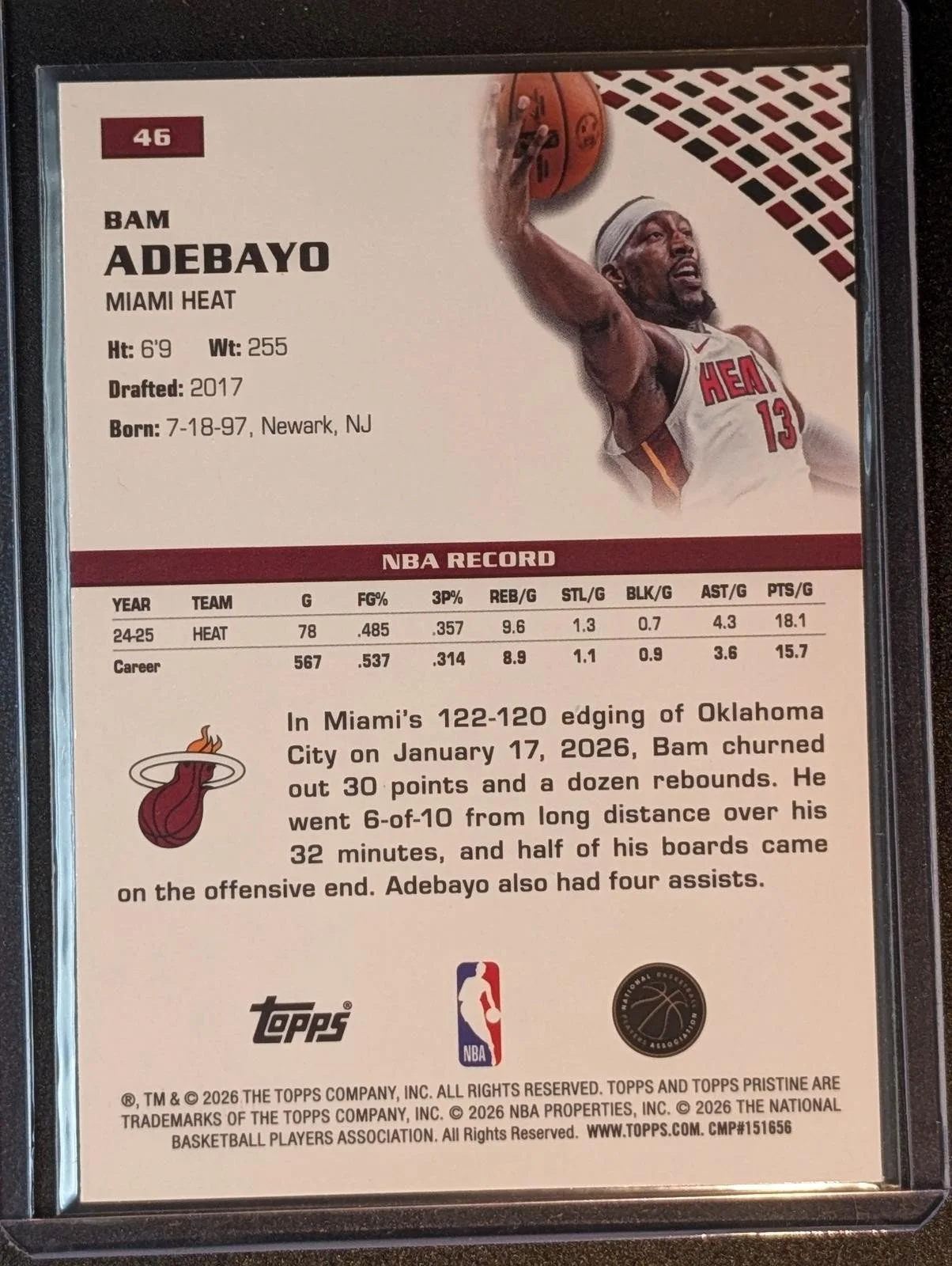 Back of 2025-26 Topps Pristine /125 Bam Adebayo Lavender #46