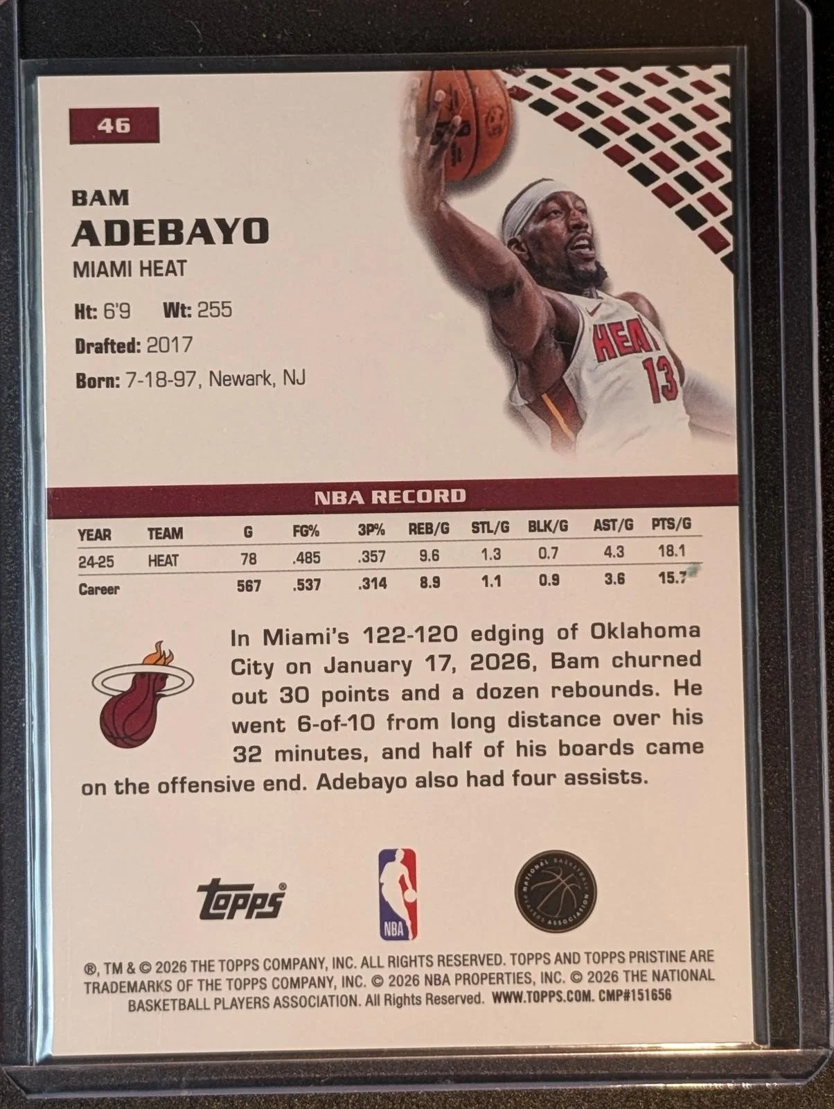 Back of 2025-26 Topps Pristine /50 Bam Adebayo Gold #46