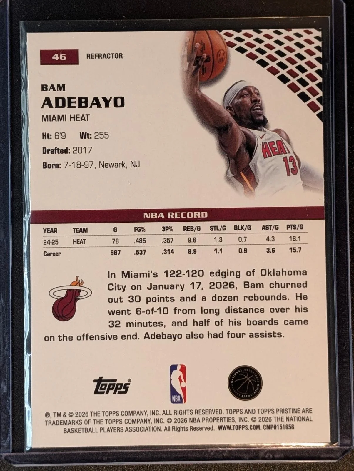 Back of 2025-26 Topps Pristine Bam Adebayo Refractor #46