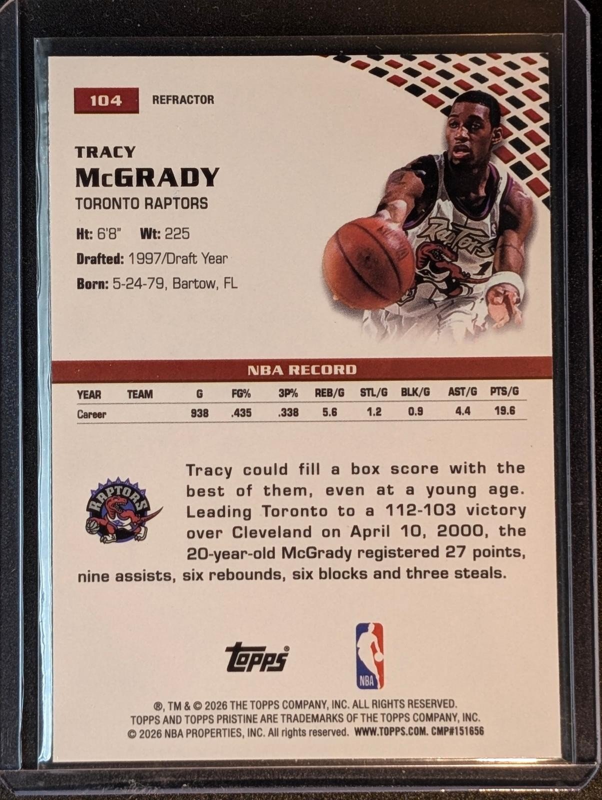 Back of 2025-26 Topps Pristine Tracy McGrady Refractor #104