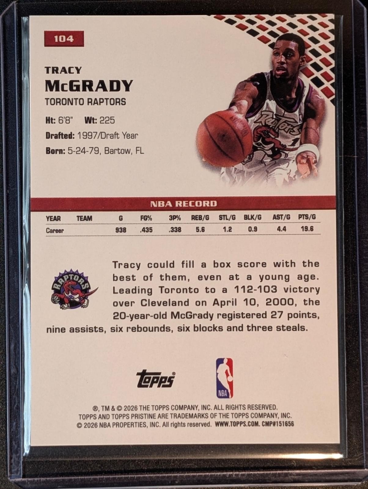 Back of 2025-26 Topps Pristine /199 Tracy McGrady Aqua #104