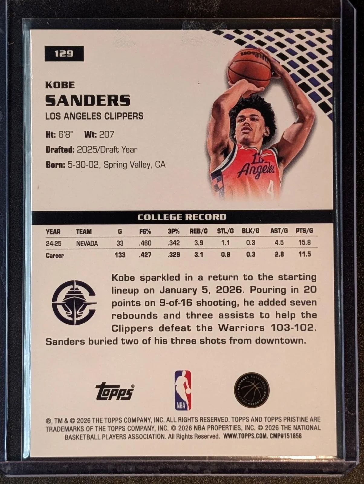 Back of JERSEY MATCH 4/25 2025-26 Topps Pristine /25 Kobe Sanders Orange RC