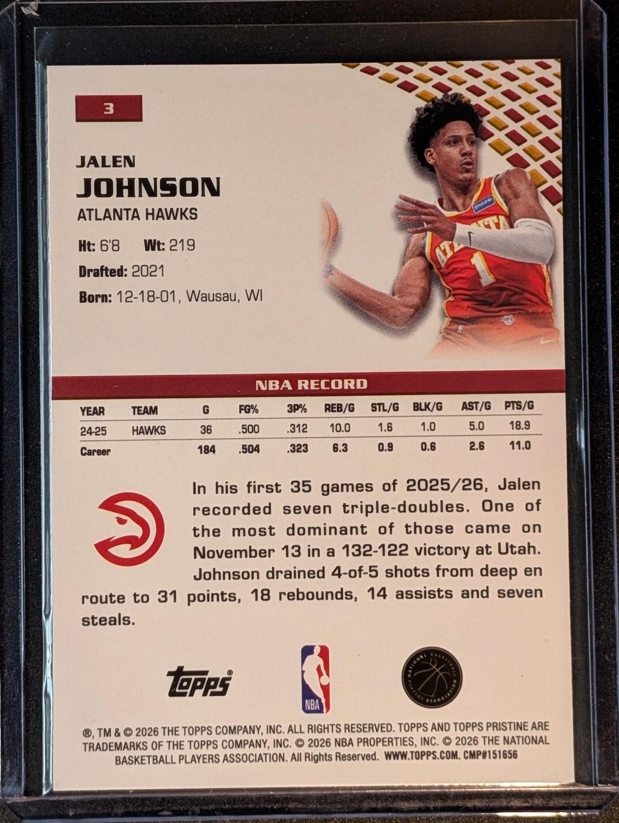 Back of 2025-26 Topps Pristine Jalen Johnson #3
