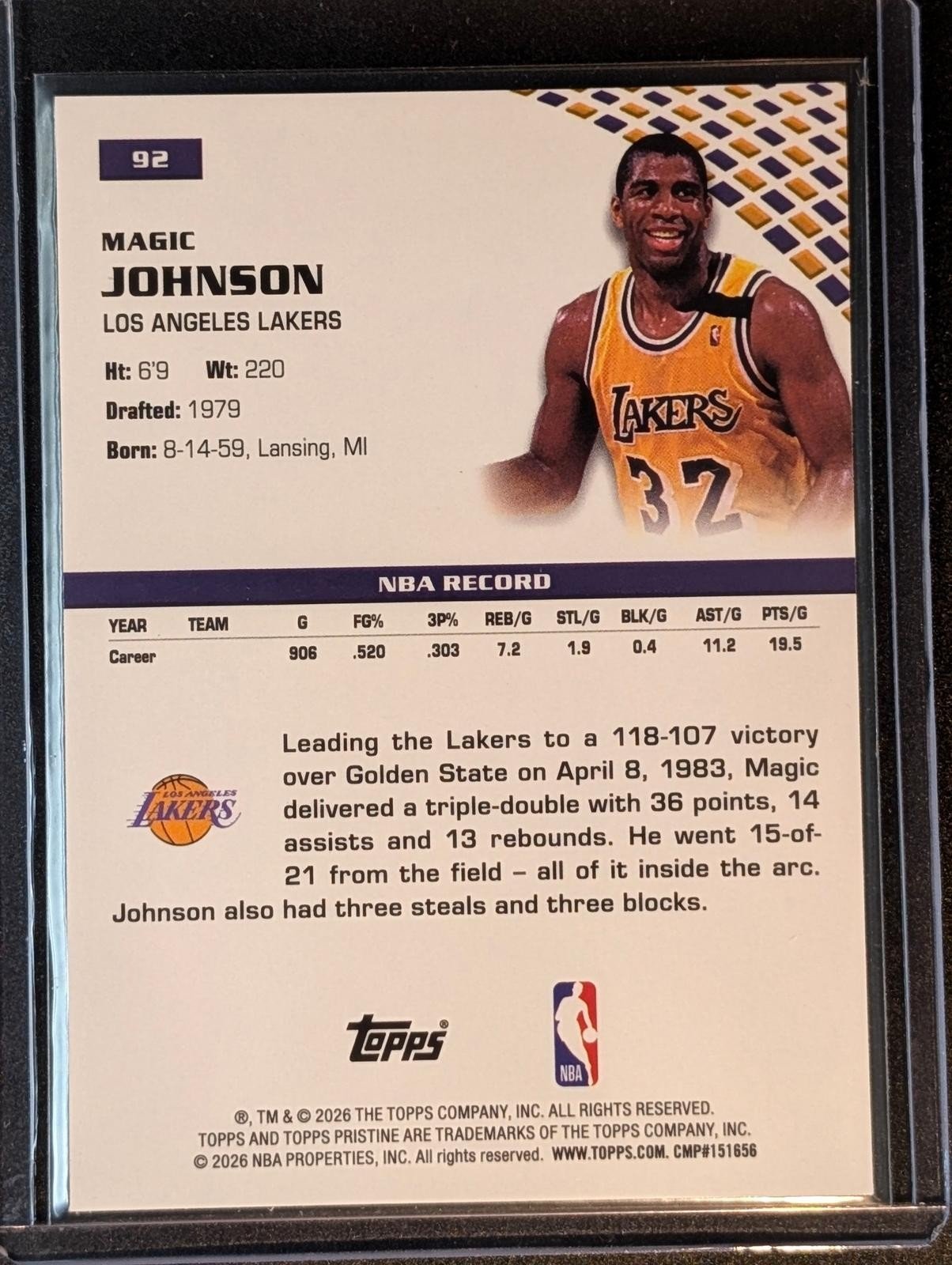 Back of 2025-26 Topps Pristine #92 Magic Johnson Paint the Arc Refractor