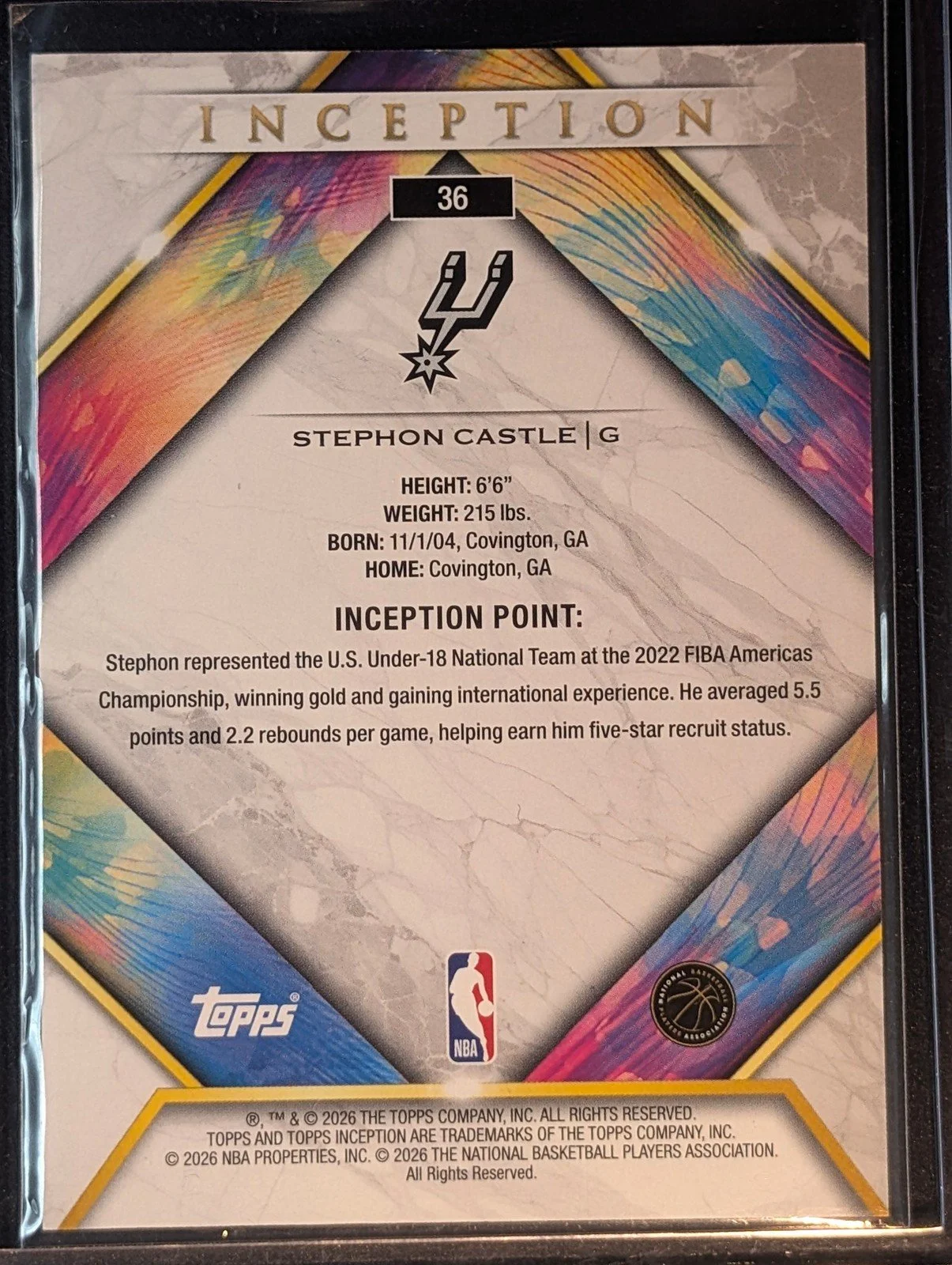 Back of 2025-26 Topps Inception #36 Stephon Castle Green