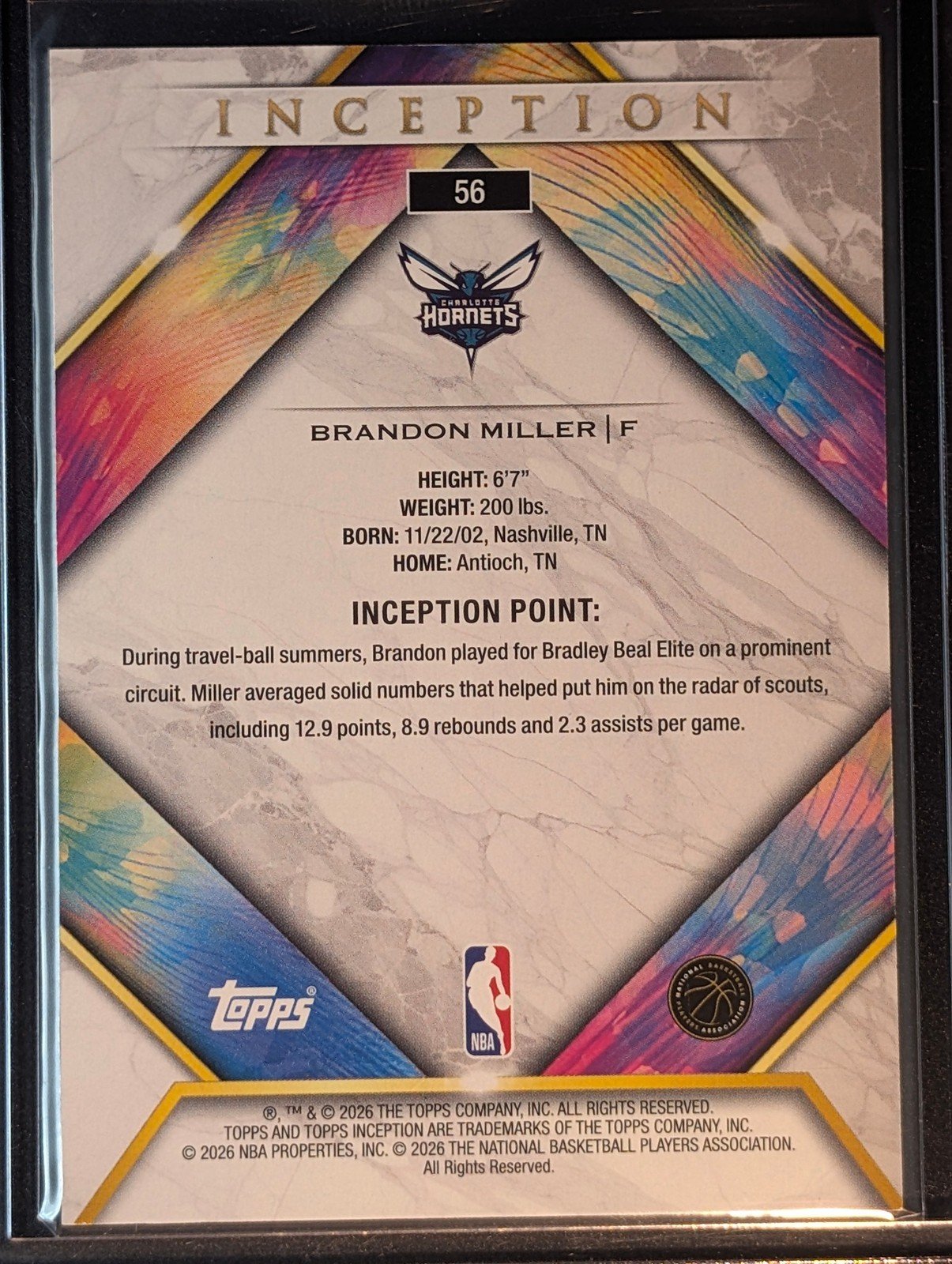 Back of 2025-26 Topps Inception #56 Brandon Miller Green