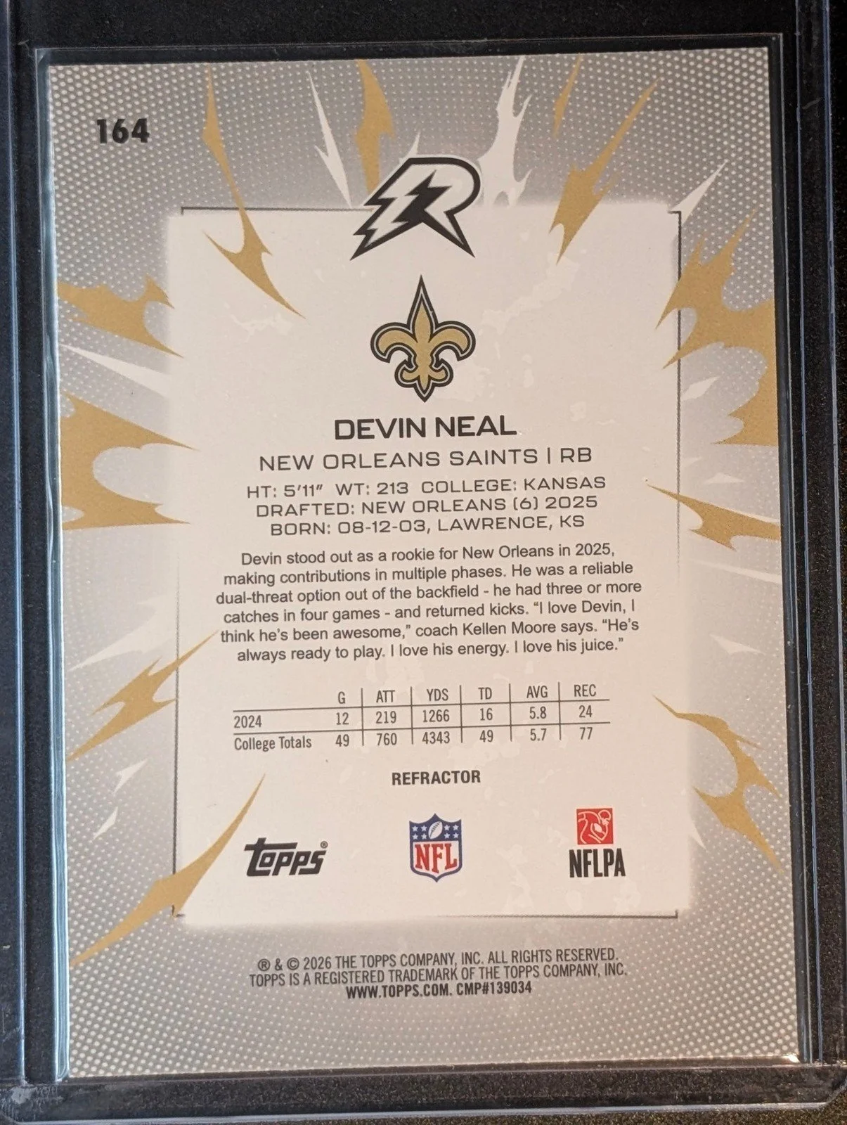 Back of 2025 Topps Resurgence #164 Devin Neal Refractor