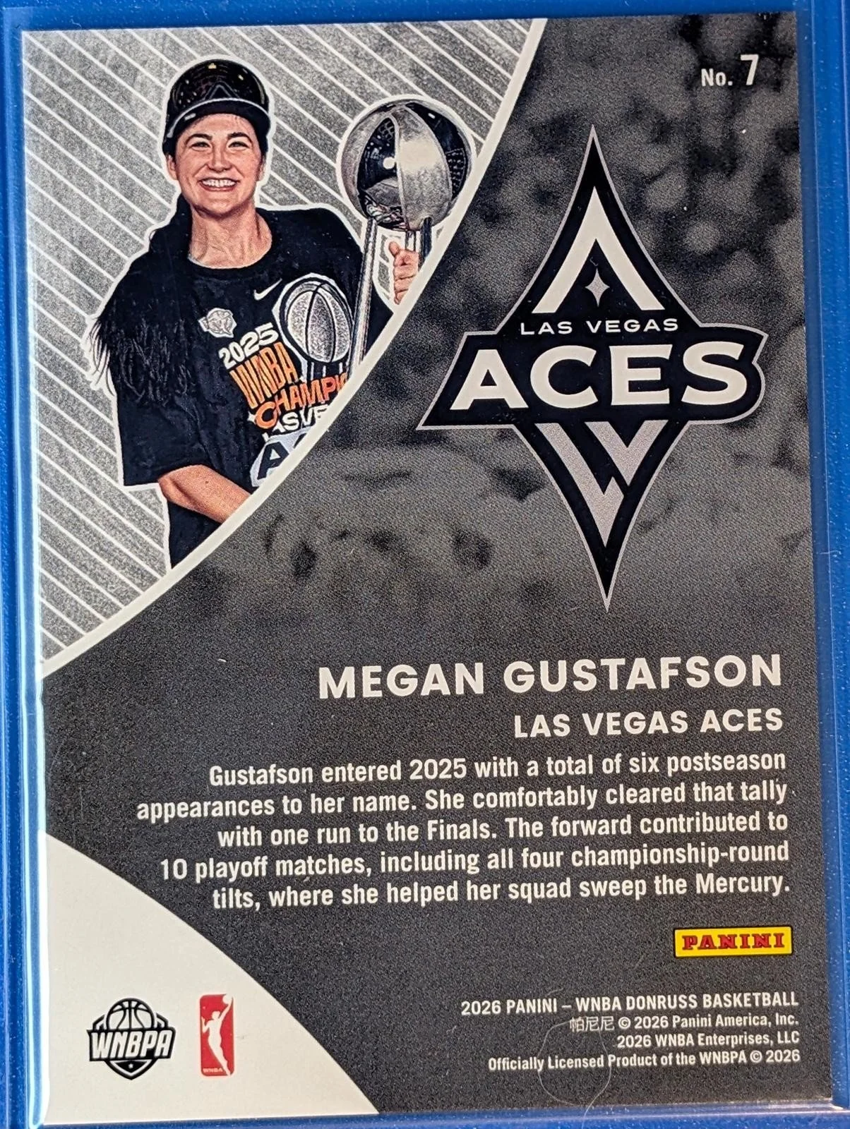 Back of 2026 Donruss WNBA /99 Megan Gustafson Championship Moments #7